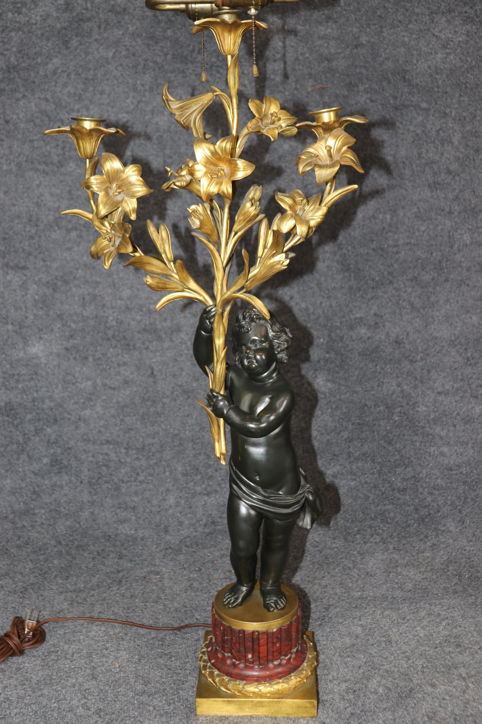 Pair 19th C Bronze Dore' Cherubs Table Lamps Candelabra Manner Henry Dasson