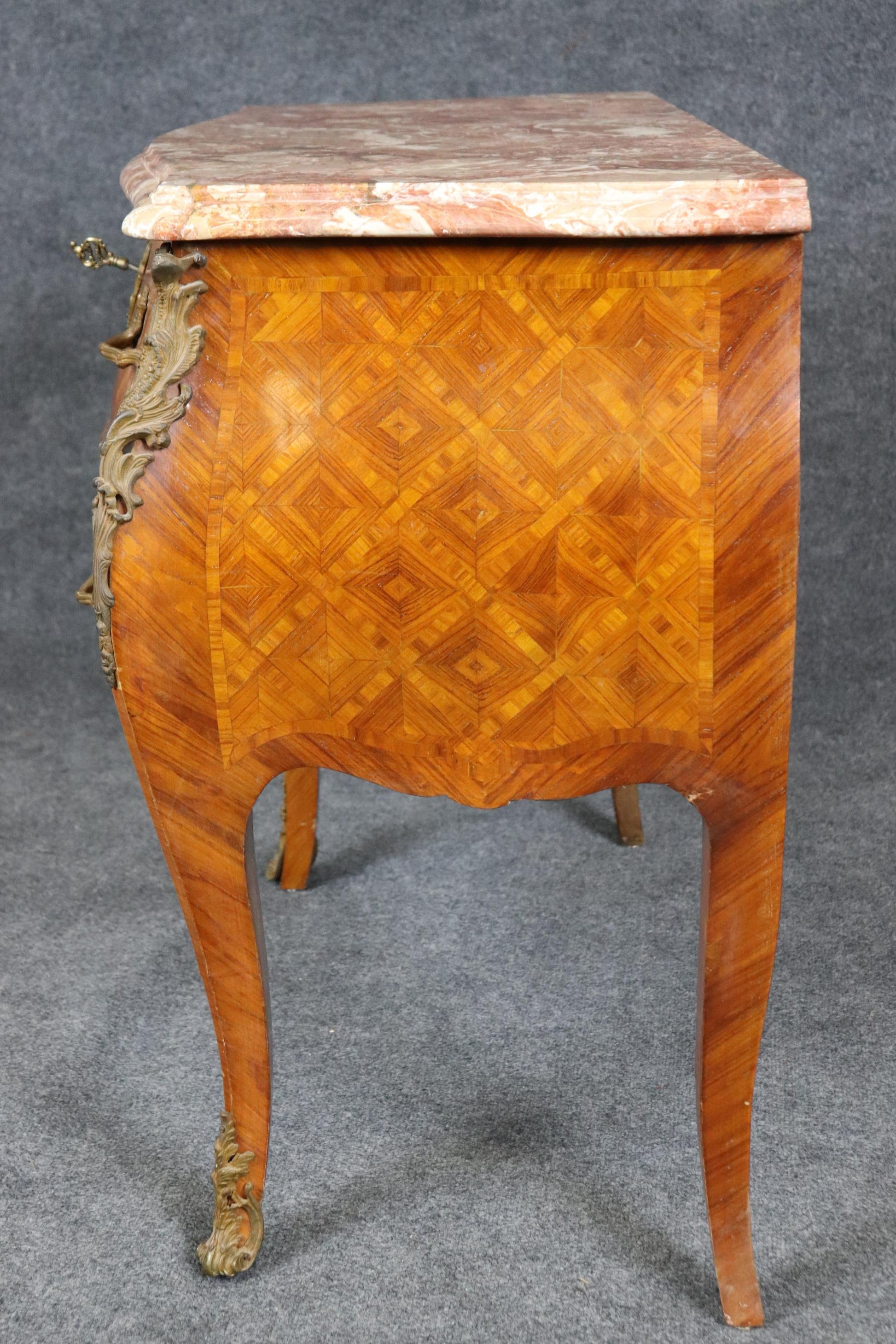 Inlaid Olive wood Italian Made French Louis XV Style Marble Commode