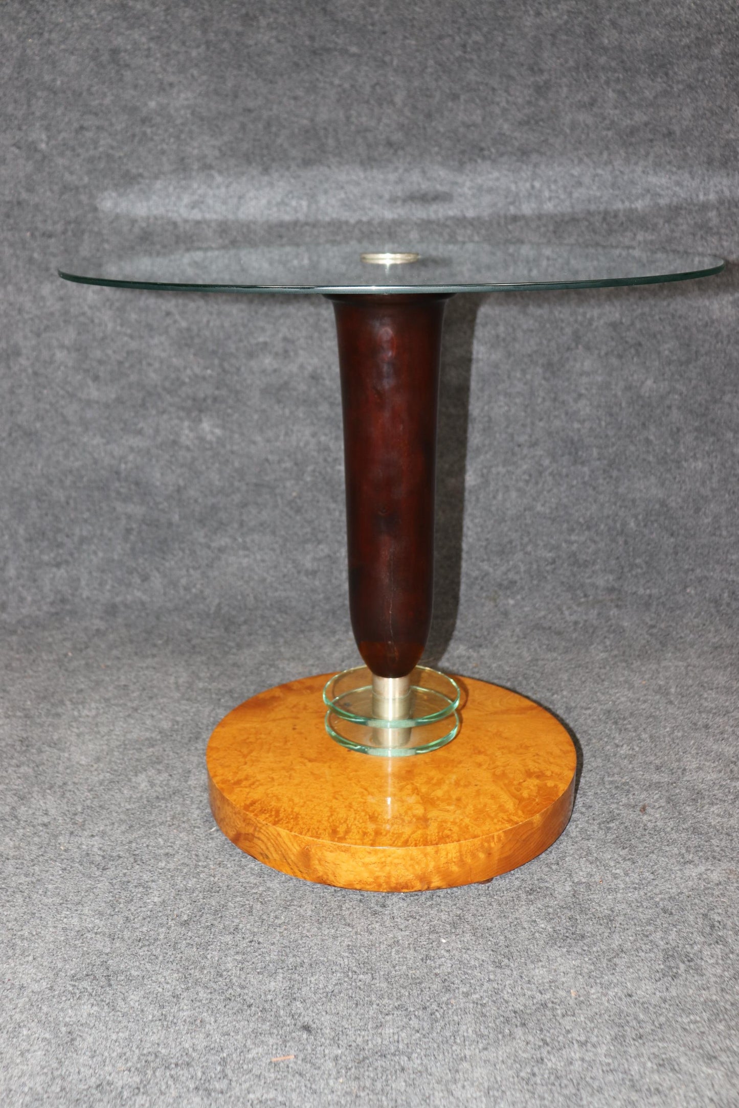 Superb Figured Polished Birch and Mahogany Glass Art Deco End Table