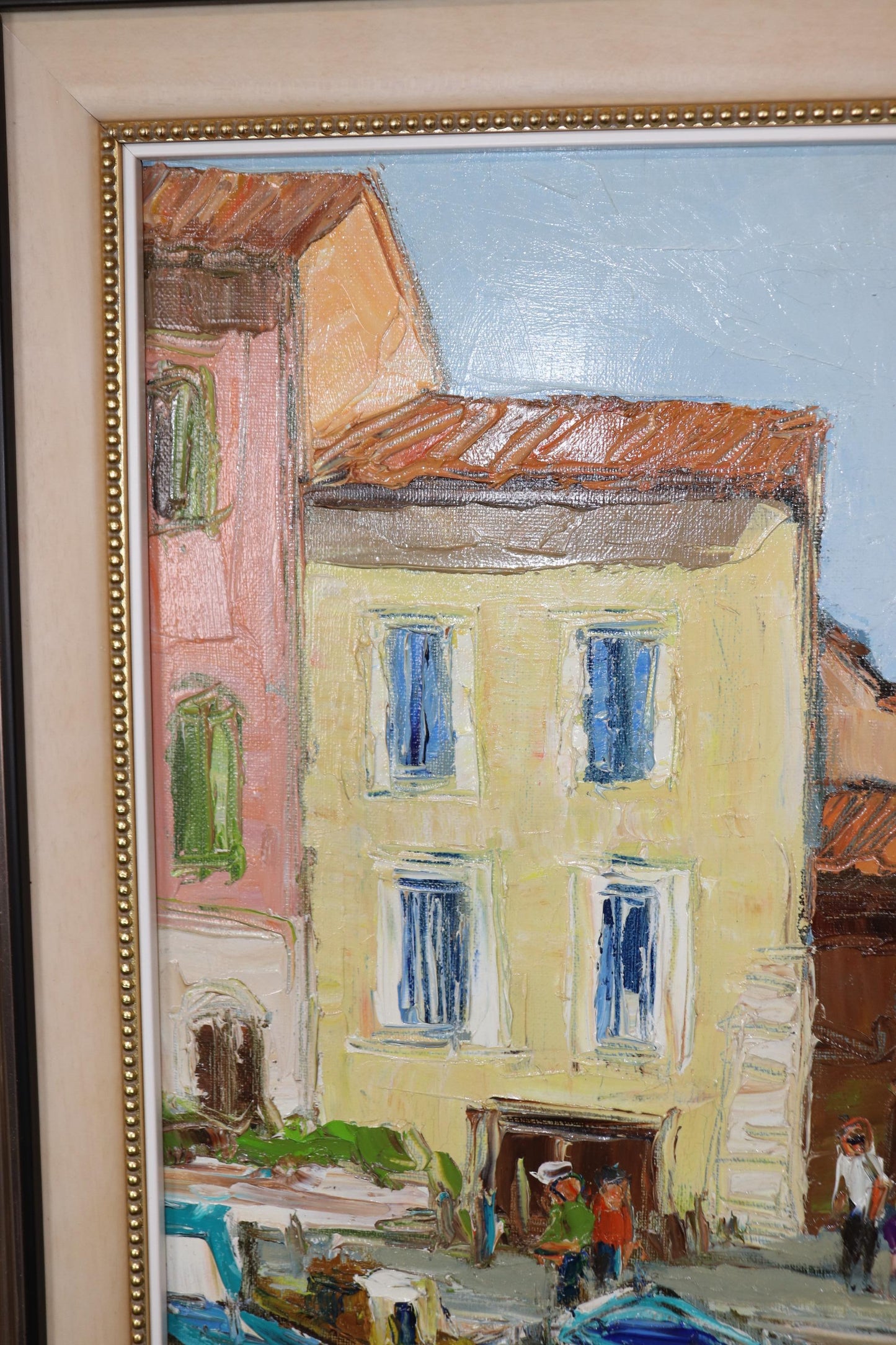 Bright Impressionist Oil painting of French Town Signed A. Roubaud Gilded Frame