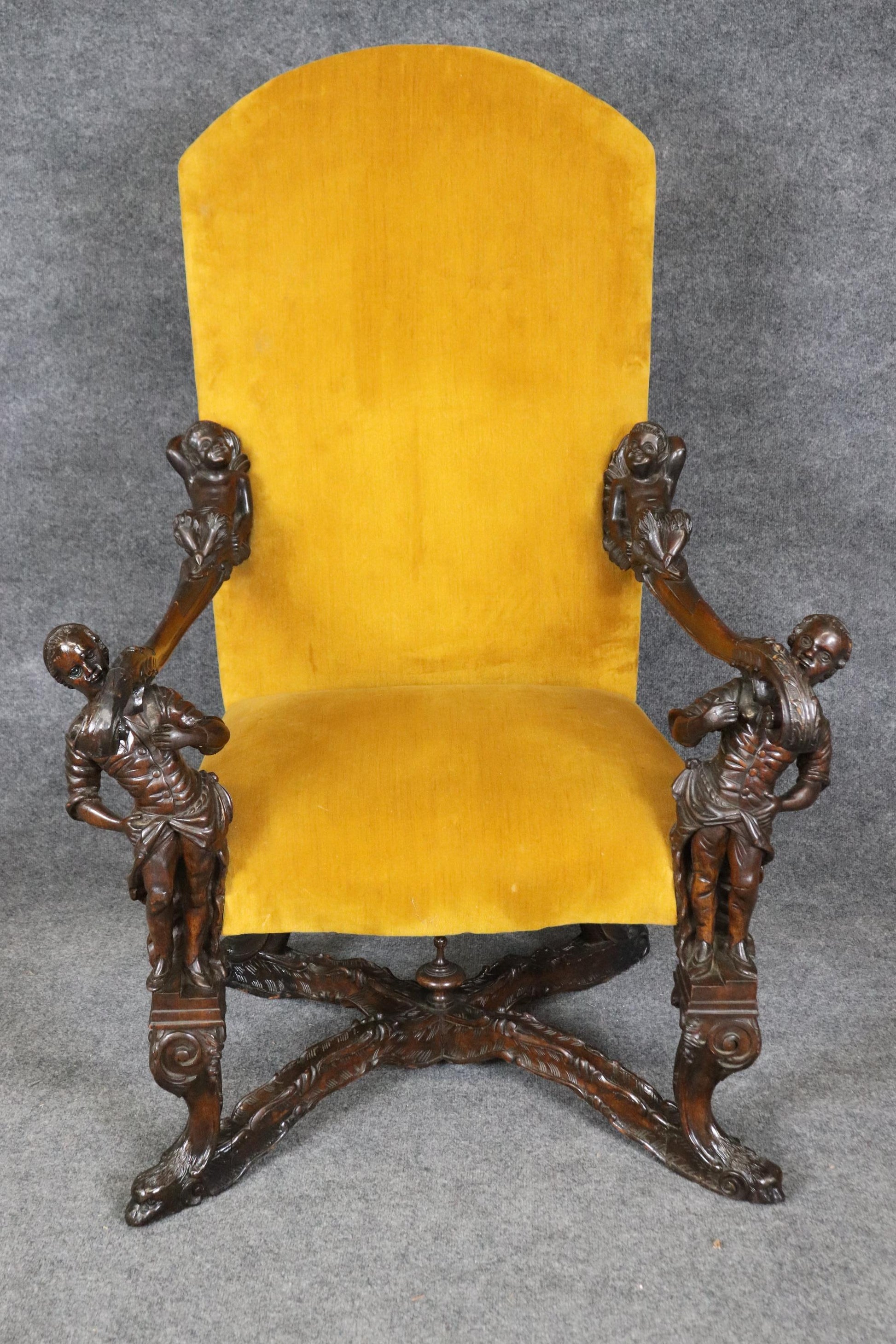 Antique 1920s era Figural Carved Mahogany Throne Chair Manner Andrea Brustolon