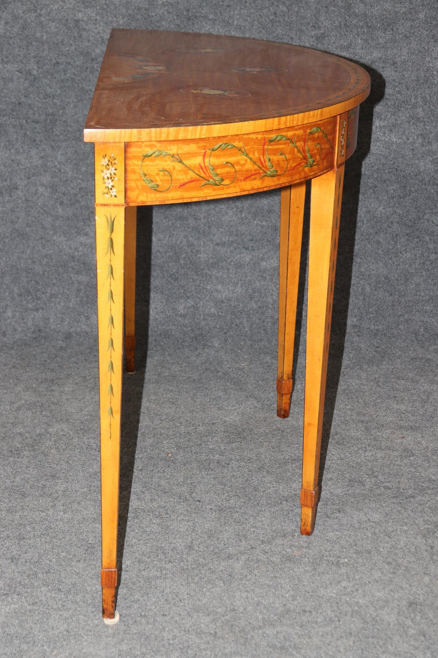 Adams Style Paint Decorated English Satinwood Demilune Console Table