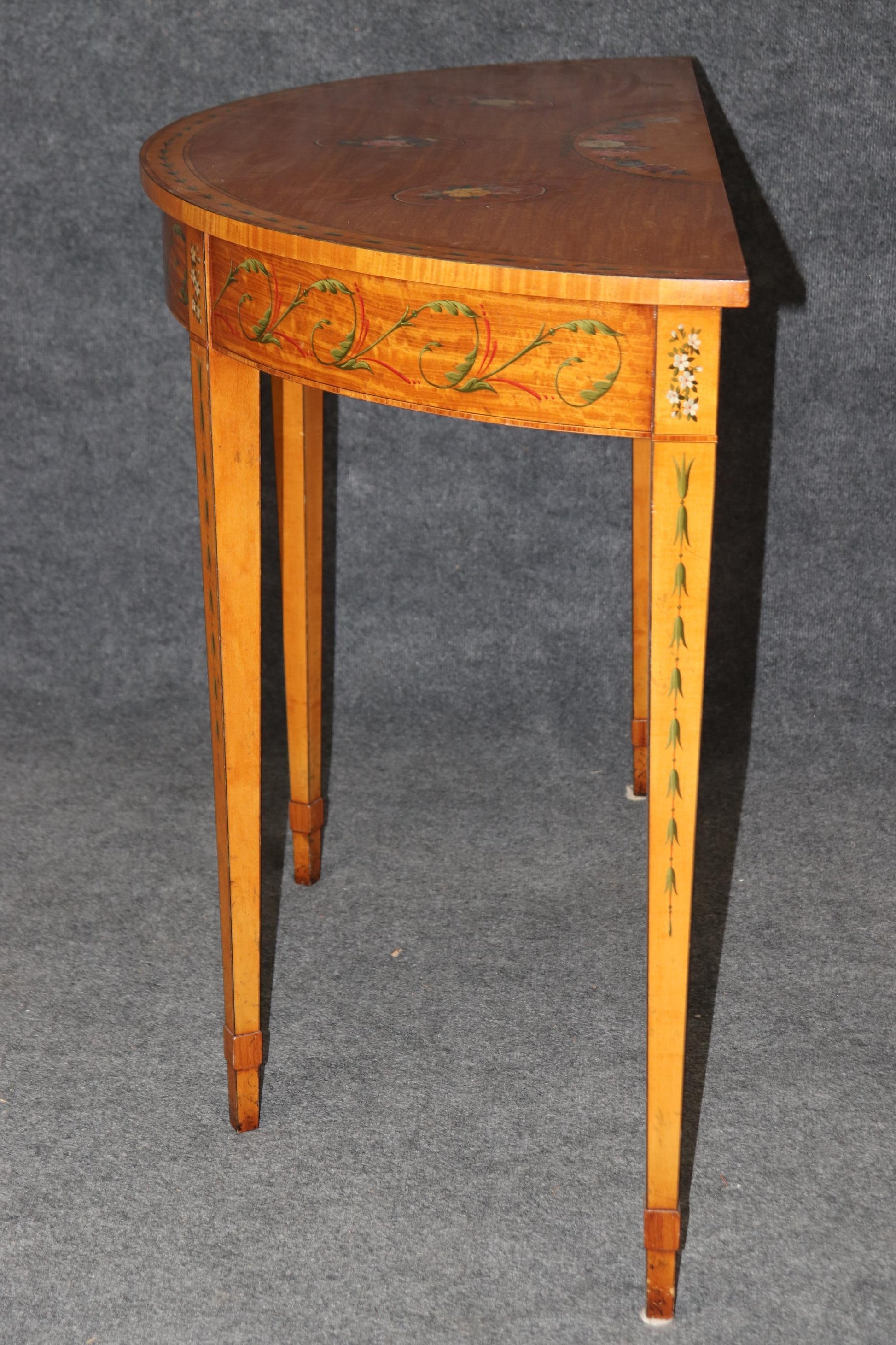 Adams Style Paint Decorated English Satinwood Demilune Console Table