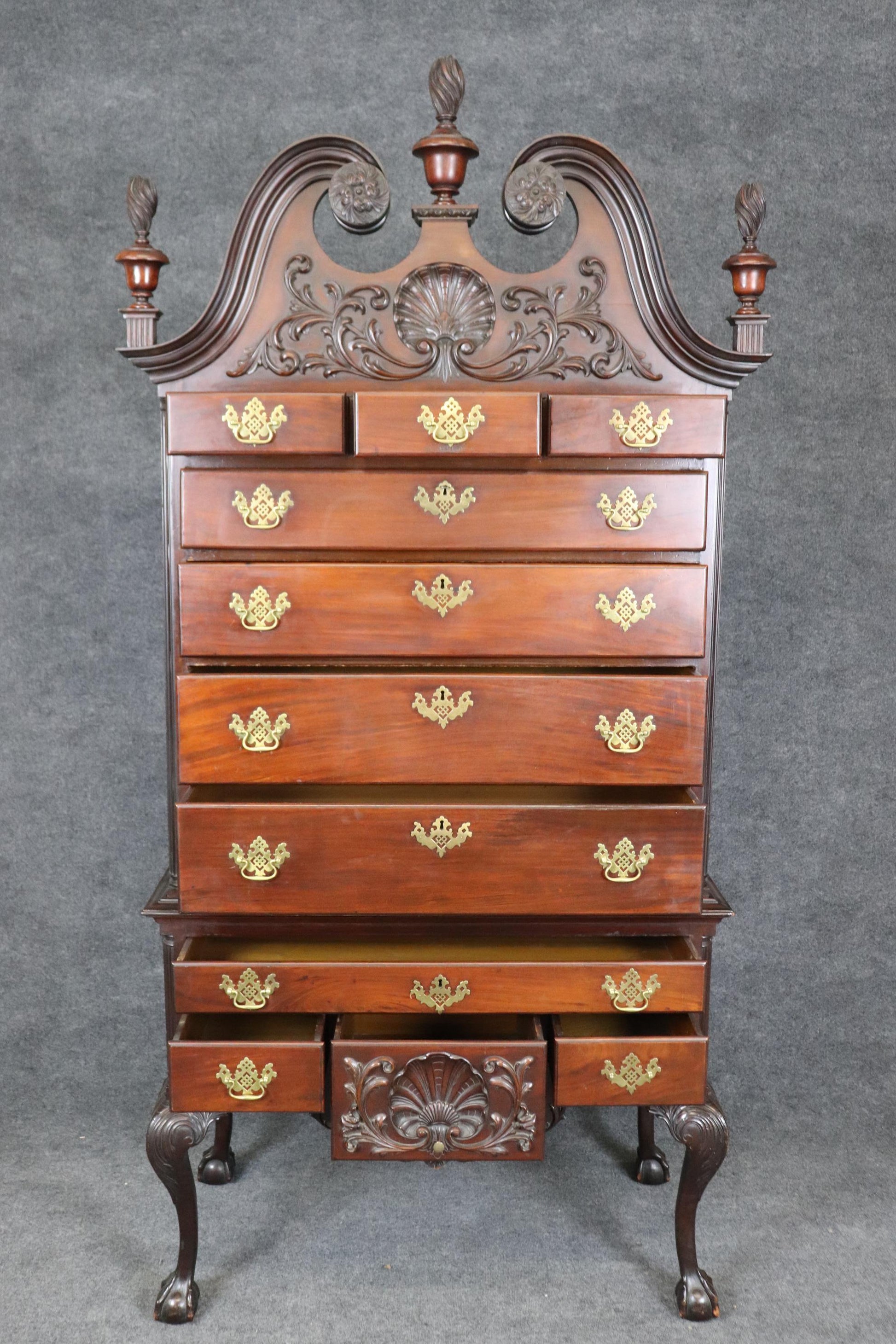 Centennial Antique 1870s Era Philadelphia Carved Mahogany Highboy with Shells