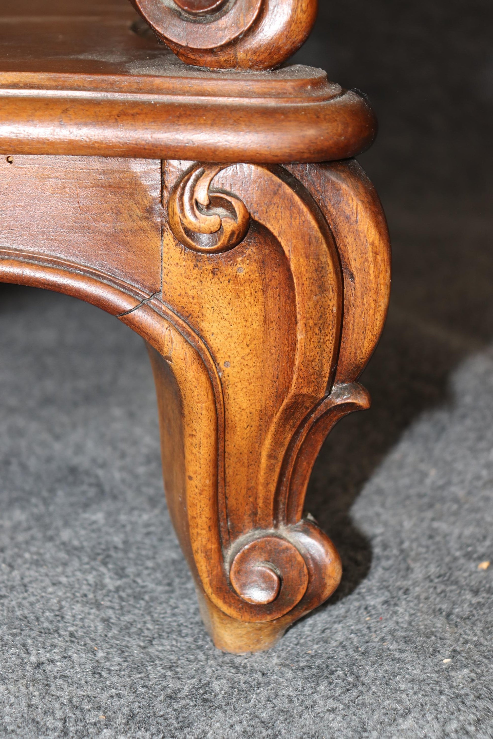 Superb Carved Walnut Marble Top French Two Tier Open Buffet Console Table