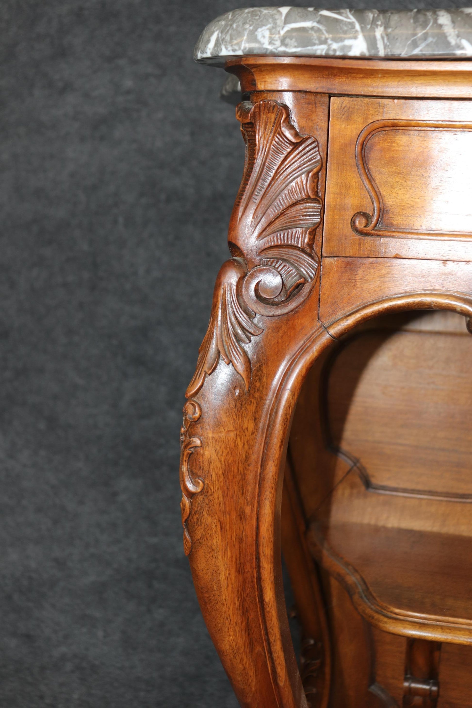 Superb Carved Walnut Marble Top French Two Tier Open Buffet Console Table