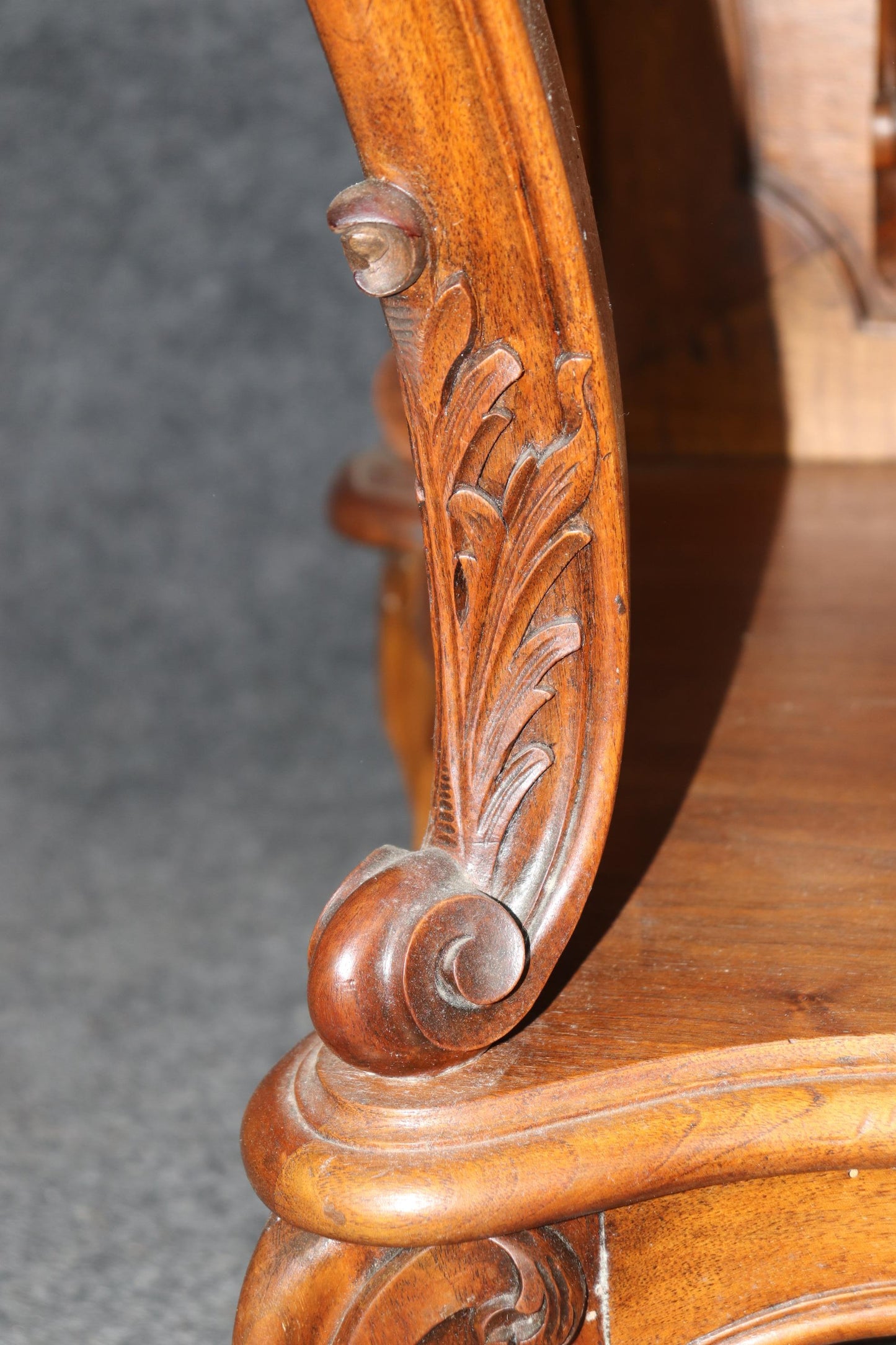 Superb Carved Walnut Marble Top French Two Tier Open Buffet Console Table