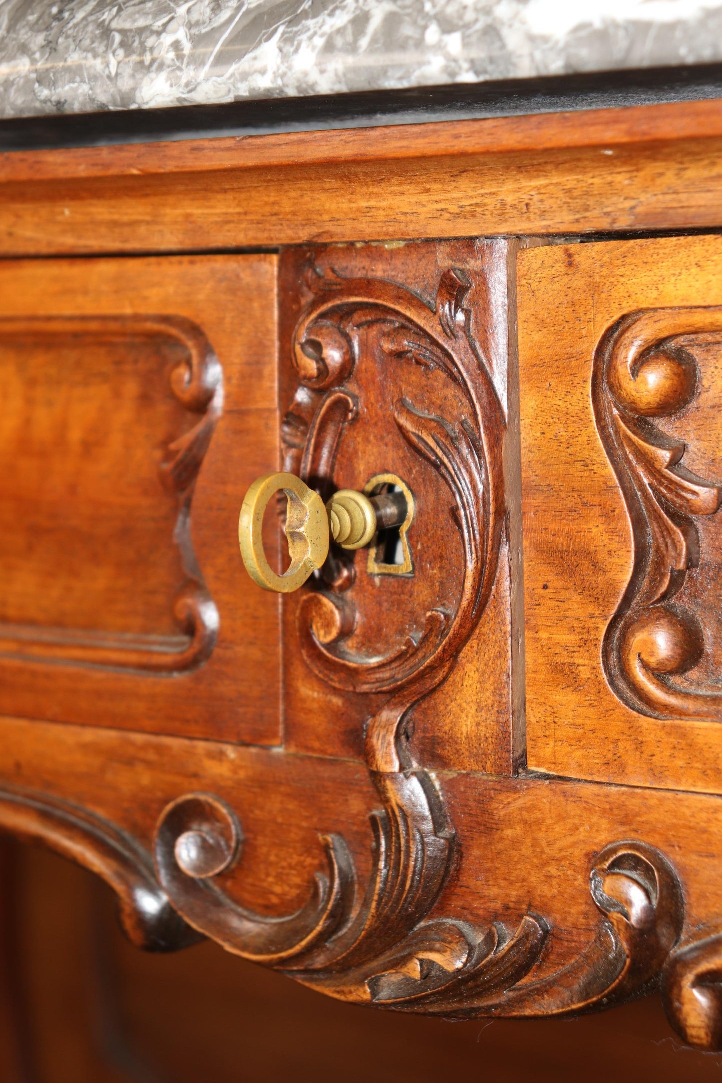 Superb Carved Walnut Marble Top French Two Tier Open Buffet Console Table