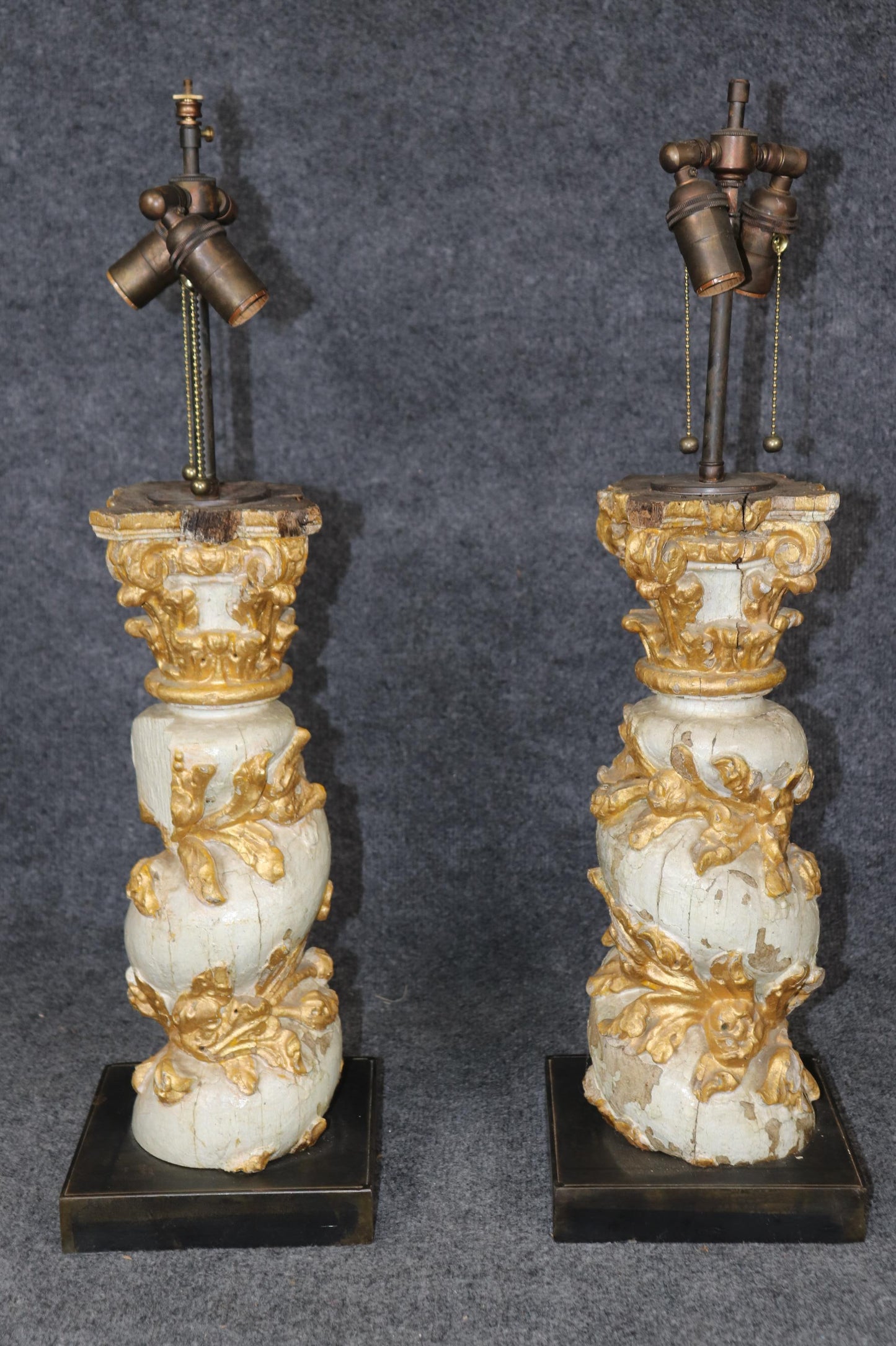 Pair 18th Century Faux Bois Carved Chippy Painted and Gilded Column Lamps