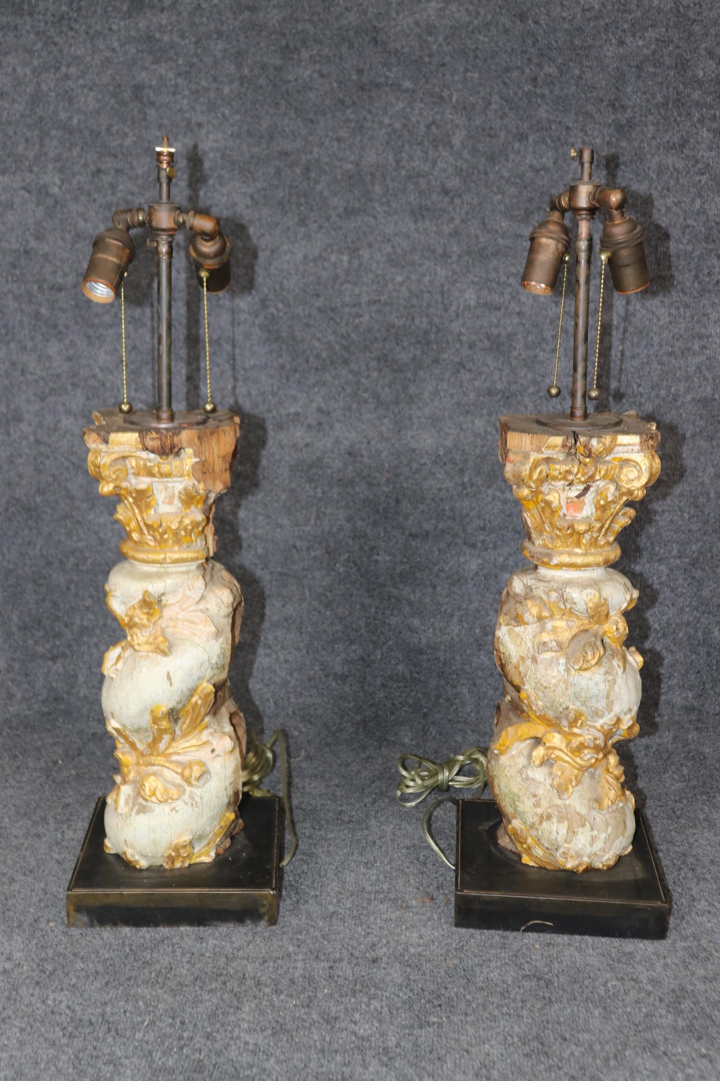 Pair 18th Century Faux Bois Carved Chippy Painted and Gilded Column Lamps