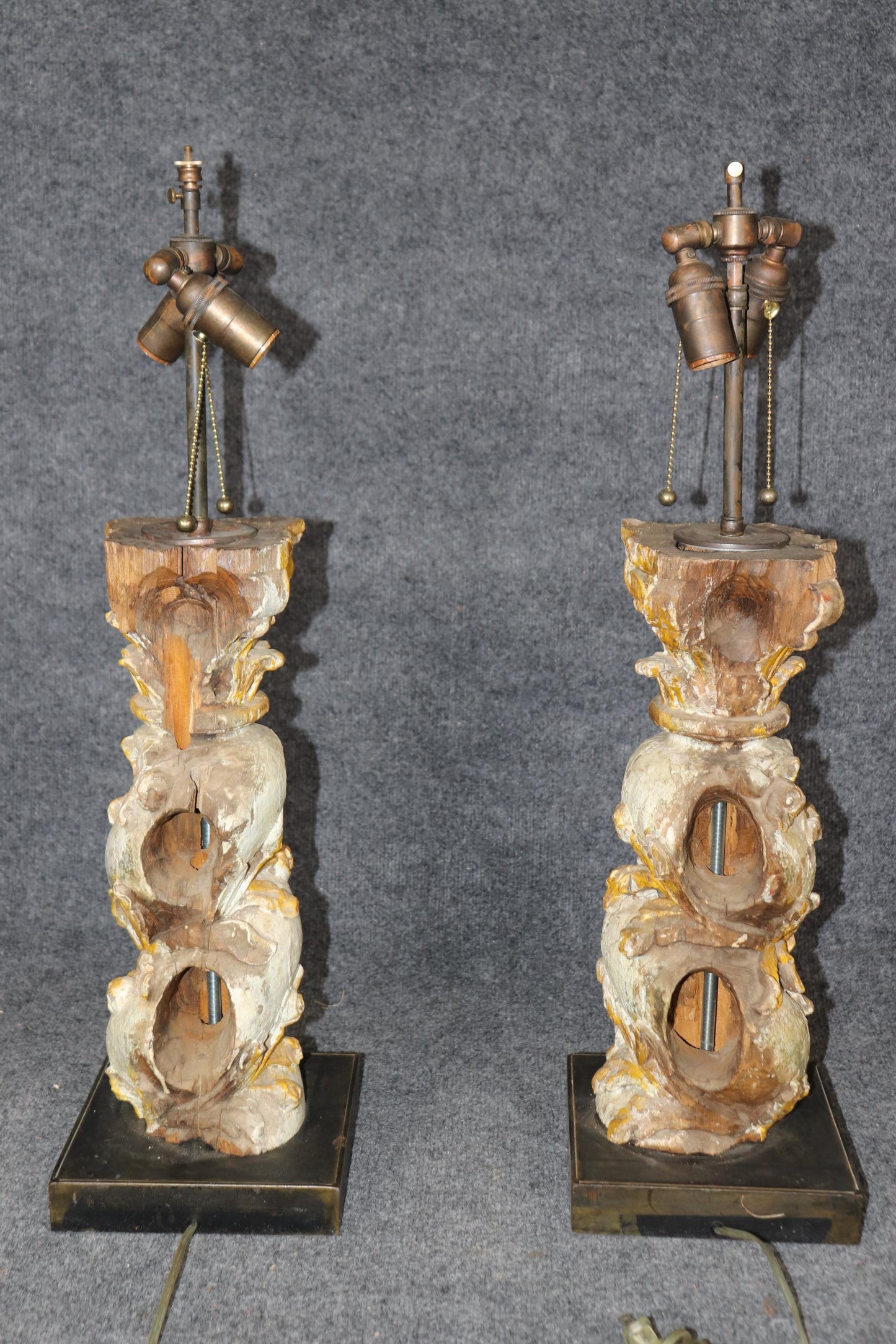 Pair 18th Century Faux Bois Carved Chippy Painted and Gilded Column Lamps