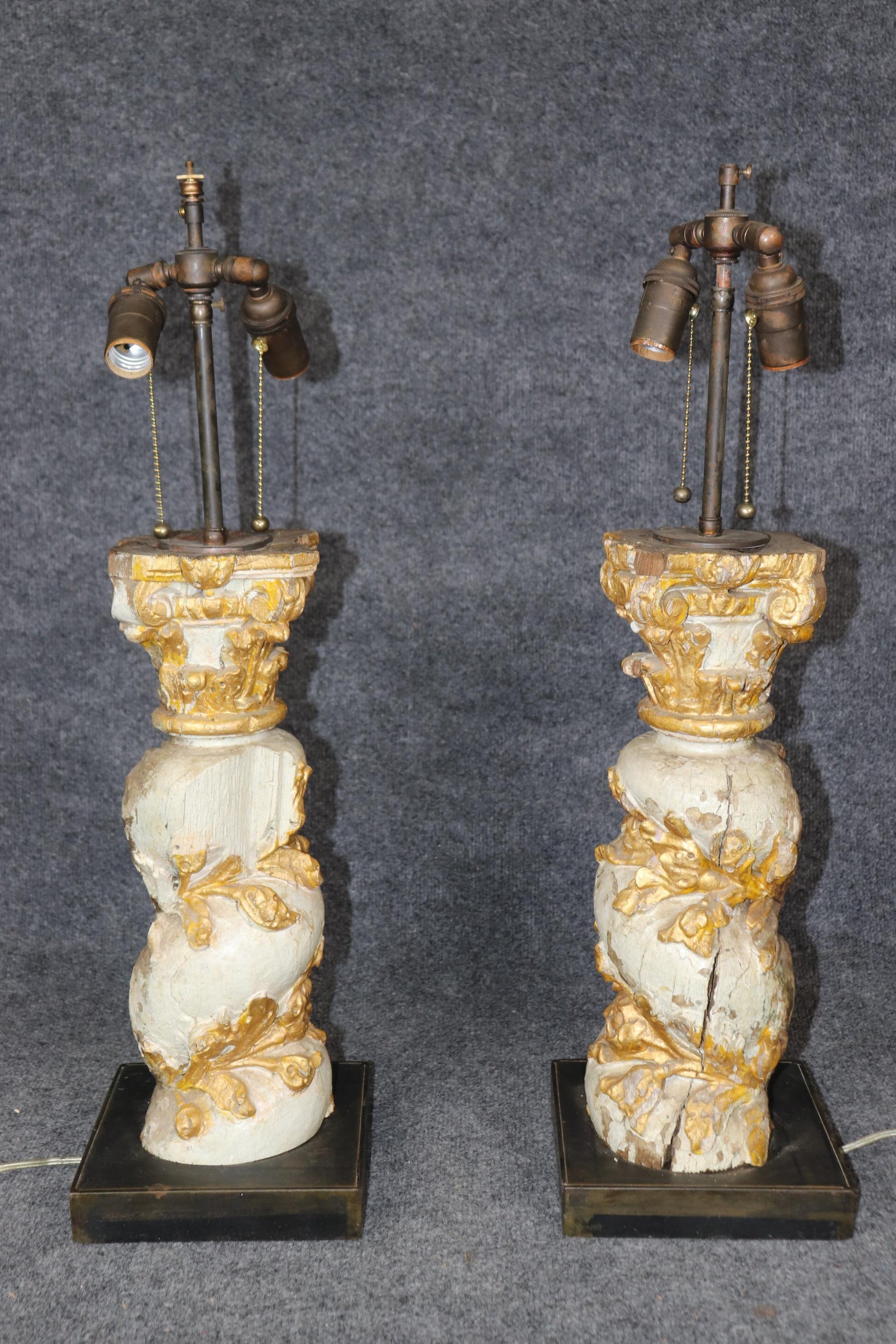 Pair 18th Century Faux Bois Carved Chippy Painted and Gilded Column Lamps