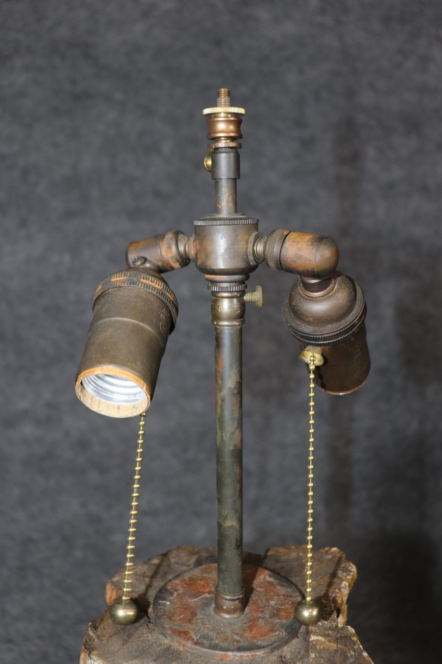 Pair 18th Century Faux Bois Carved Chippy Painted and Gilded Column Lamps