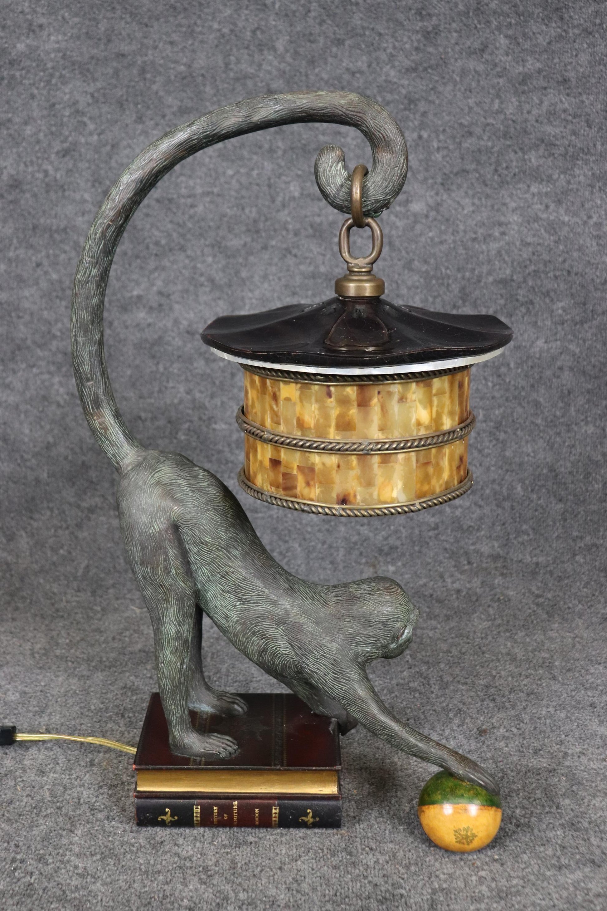 Whimsical Sculptural Maitland Smith Monkey Playing on a Book Lamp