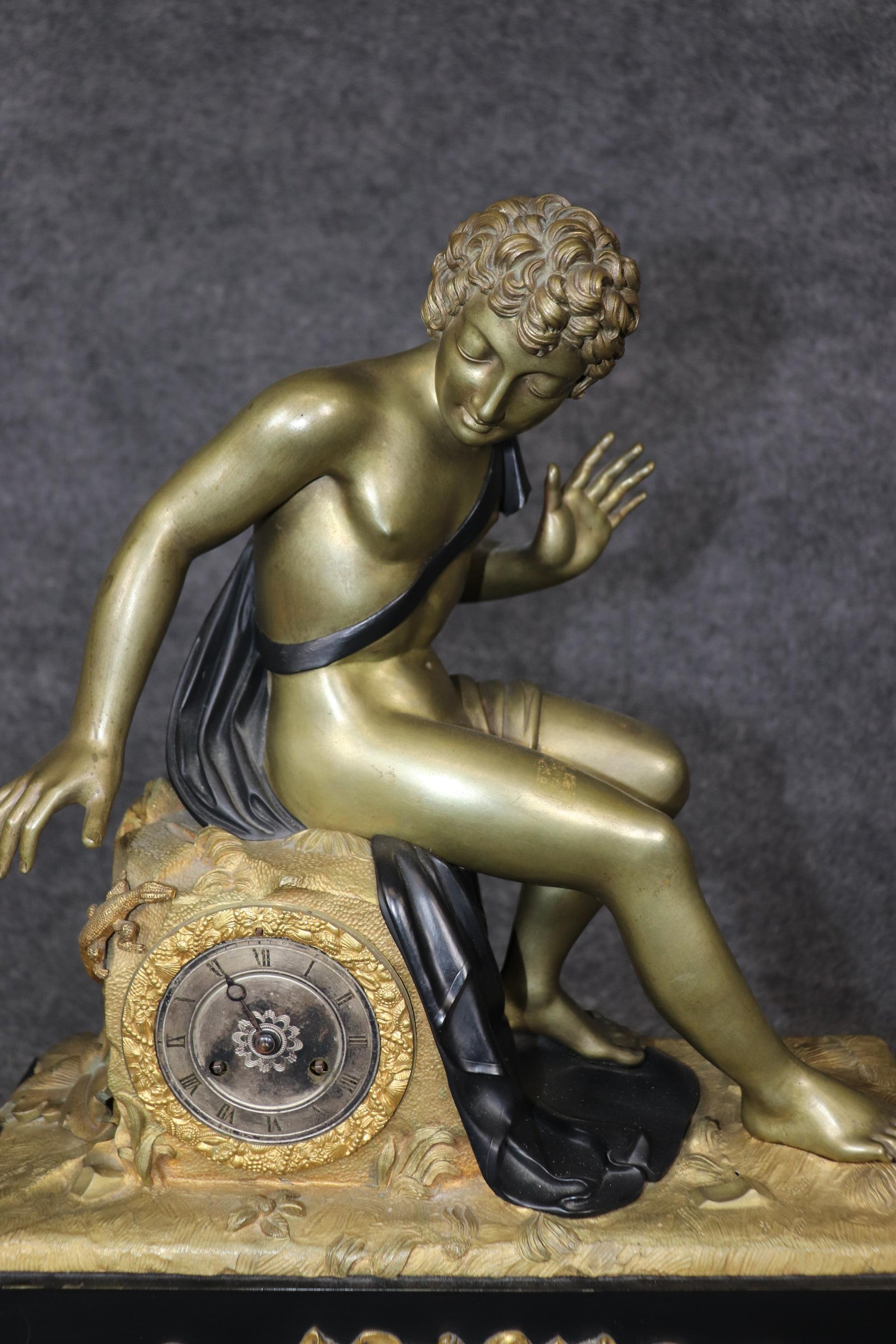 Superb Quality Bronze Ebonized French Empire Ormulu Mounted Figural Clock