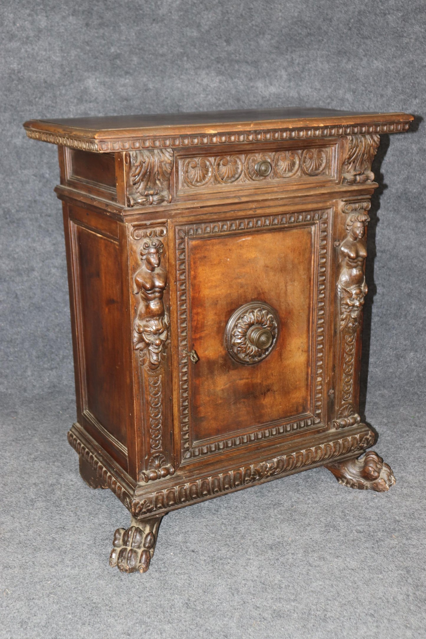 Fine Quality 18th Century Walnut Italian Carved Figural Side Cabinet Commode