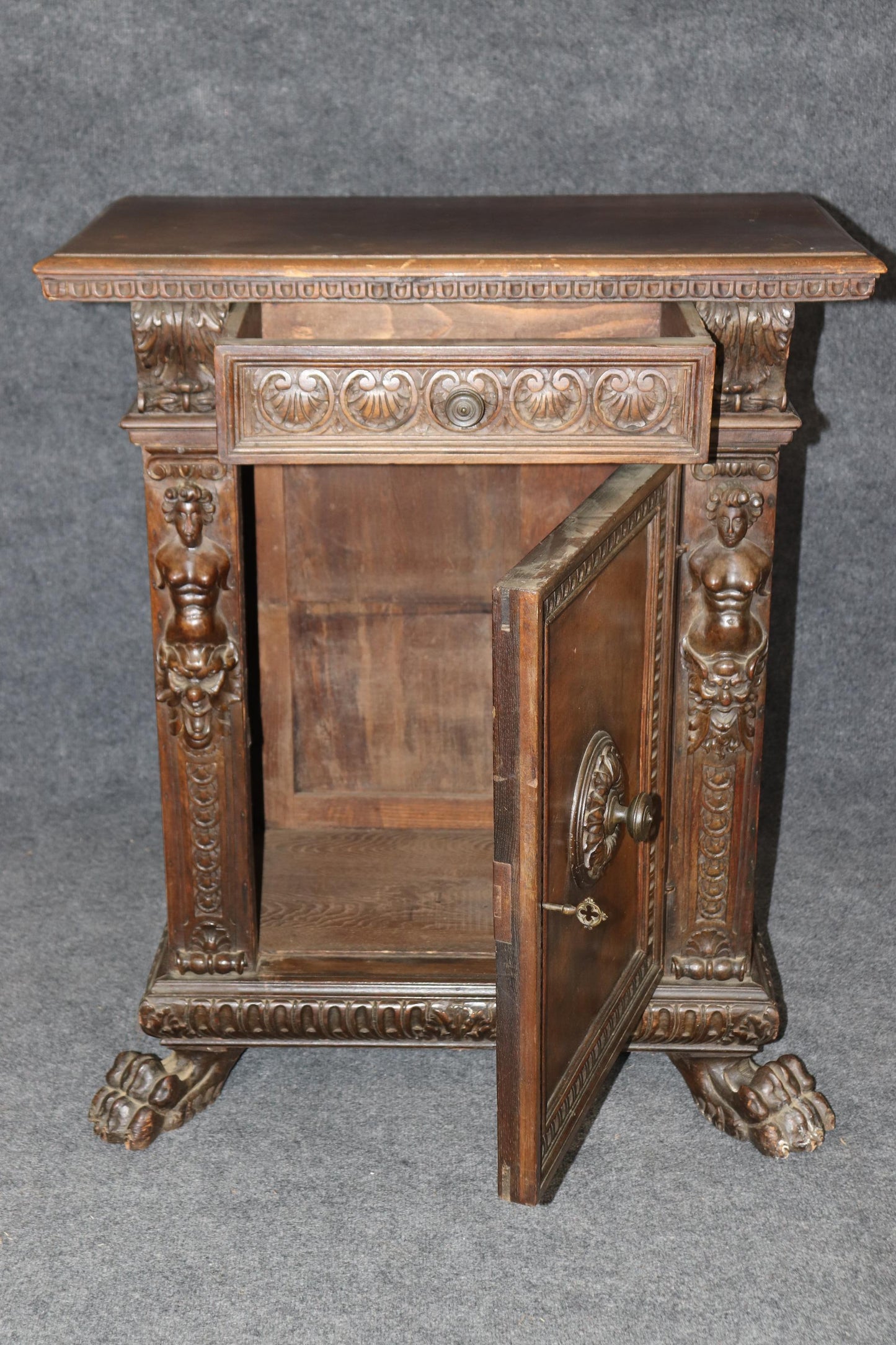 Fine Quality 18th Century Walnut Italian Carved Figural Side Cabinet Commode