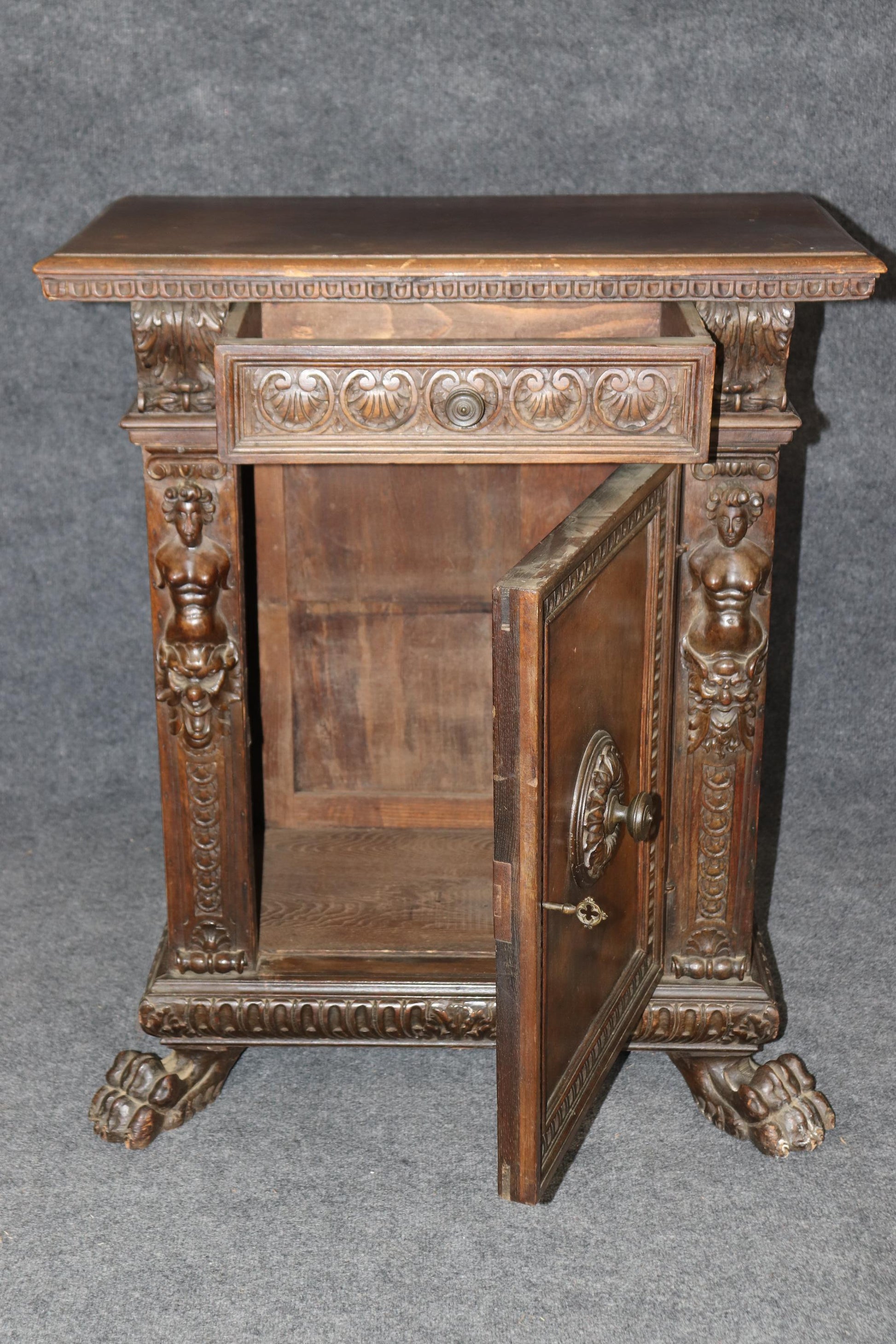 Fine Quality 18th Century Walnut Italian Carved Figural Side Cabinet Commode