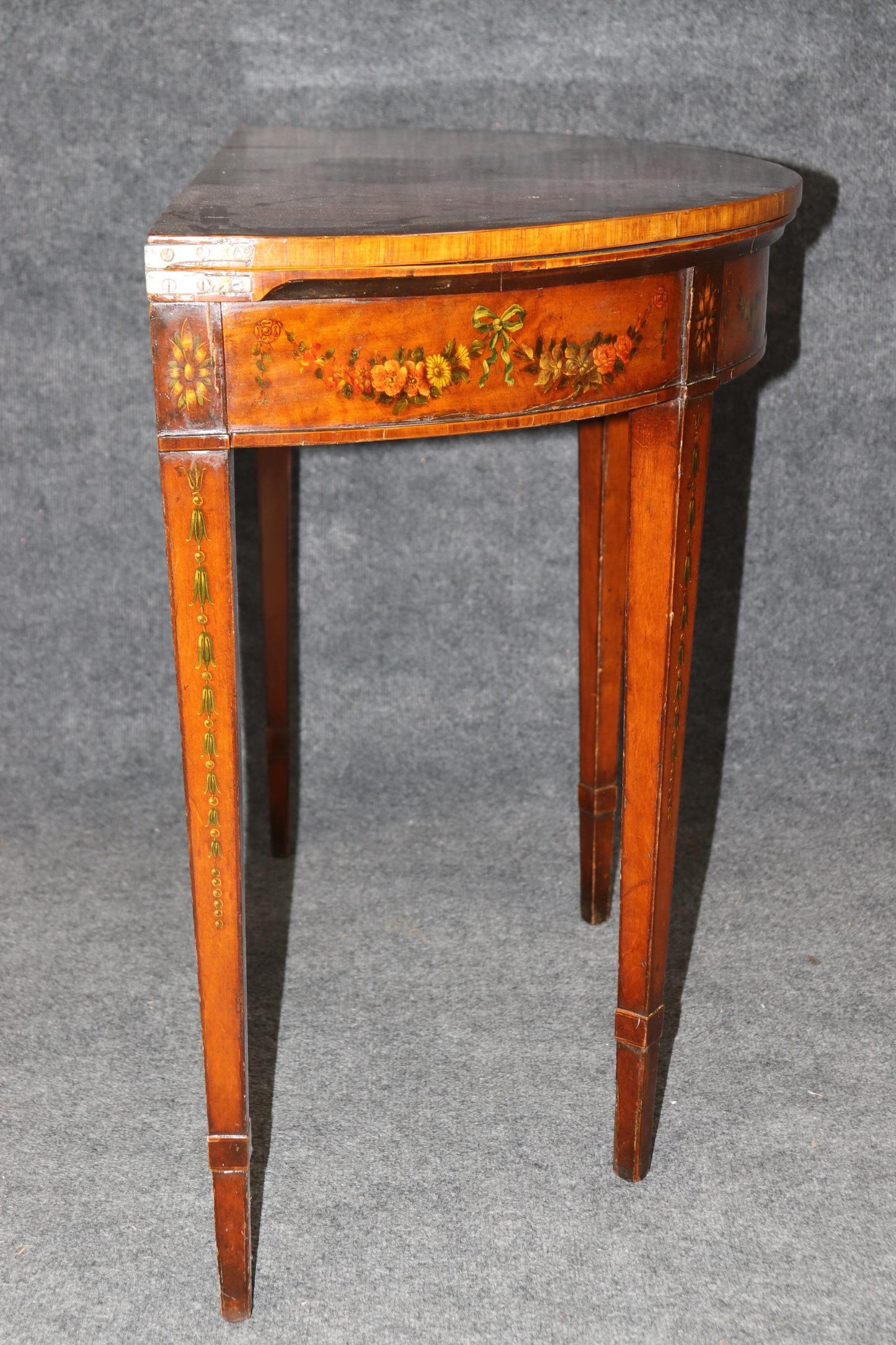 19th century English Adams Style Paint Decorated Leather Top Demilune Table