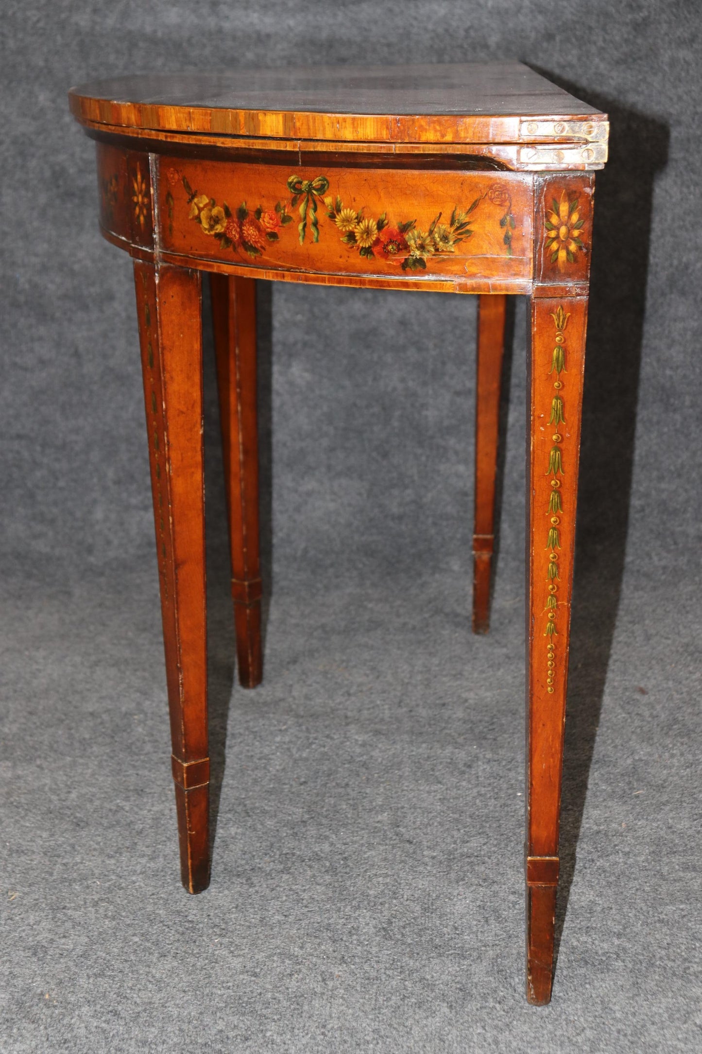 19th century English Adams Style Paint Decorated Leather Top Demilune Table