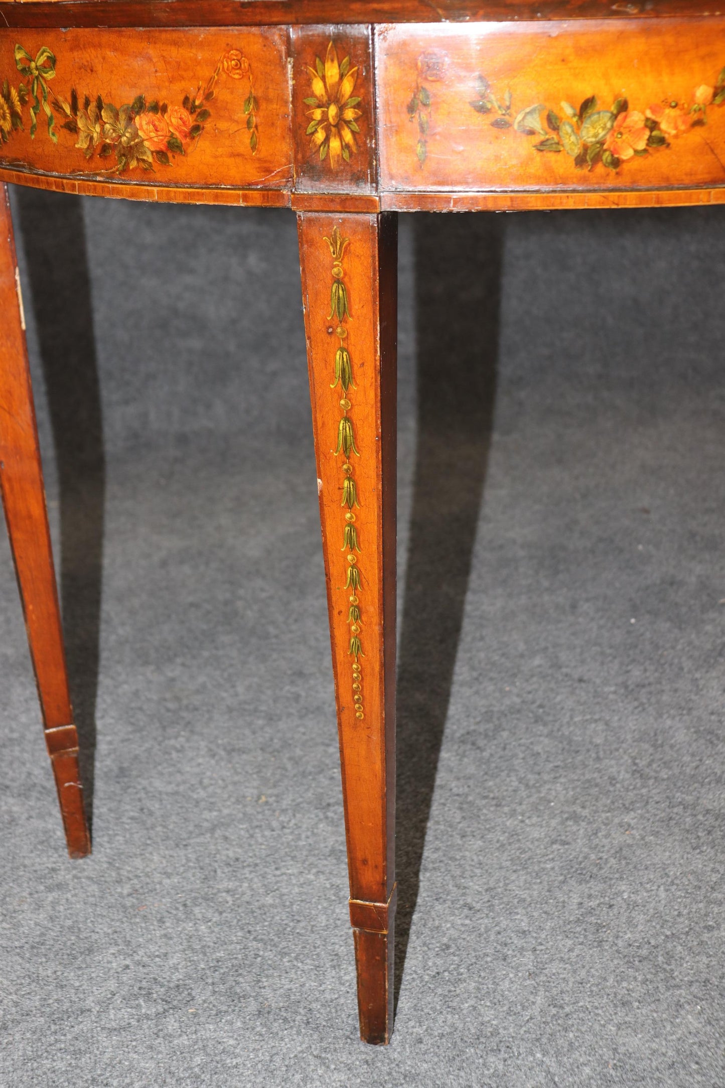 19th century English Adams Style Paint Decorated Leather Top Demilune Table