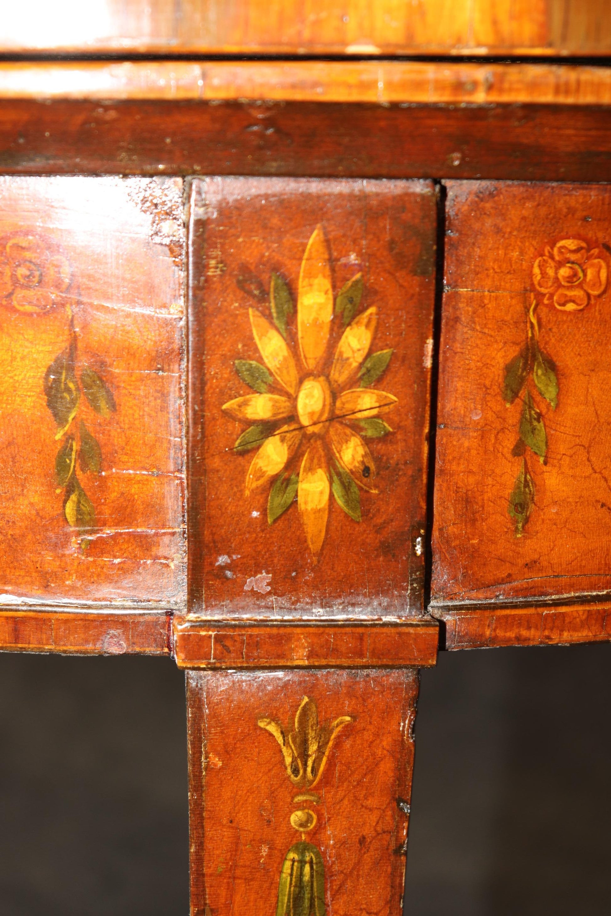 19th century English Adams Style Paint Decorated Leather Top Demilune Table