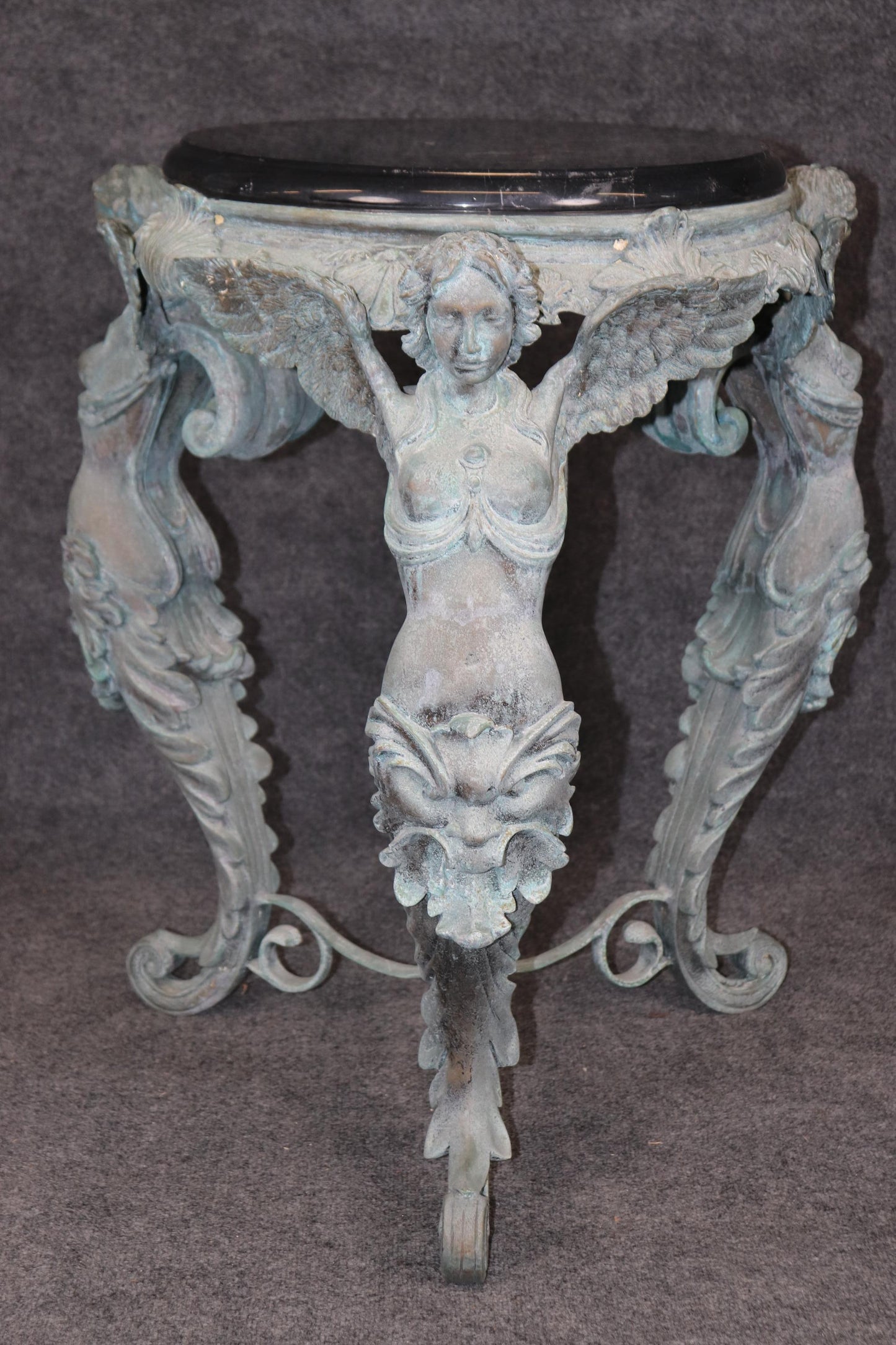 Metal Figural Victorian Style Bronze Finished Metal Marble Top Pedestal Table