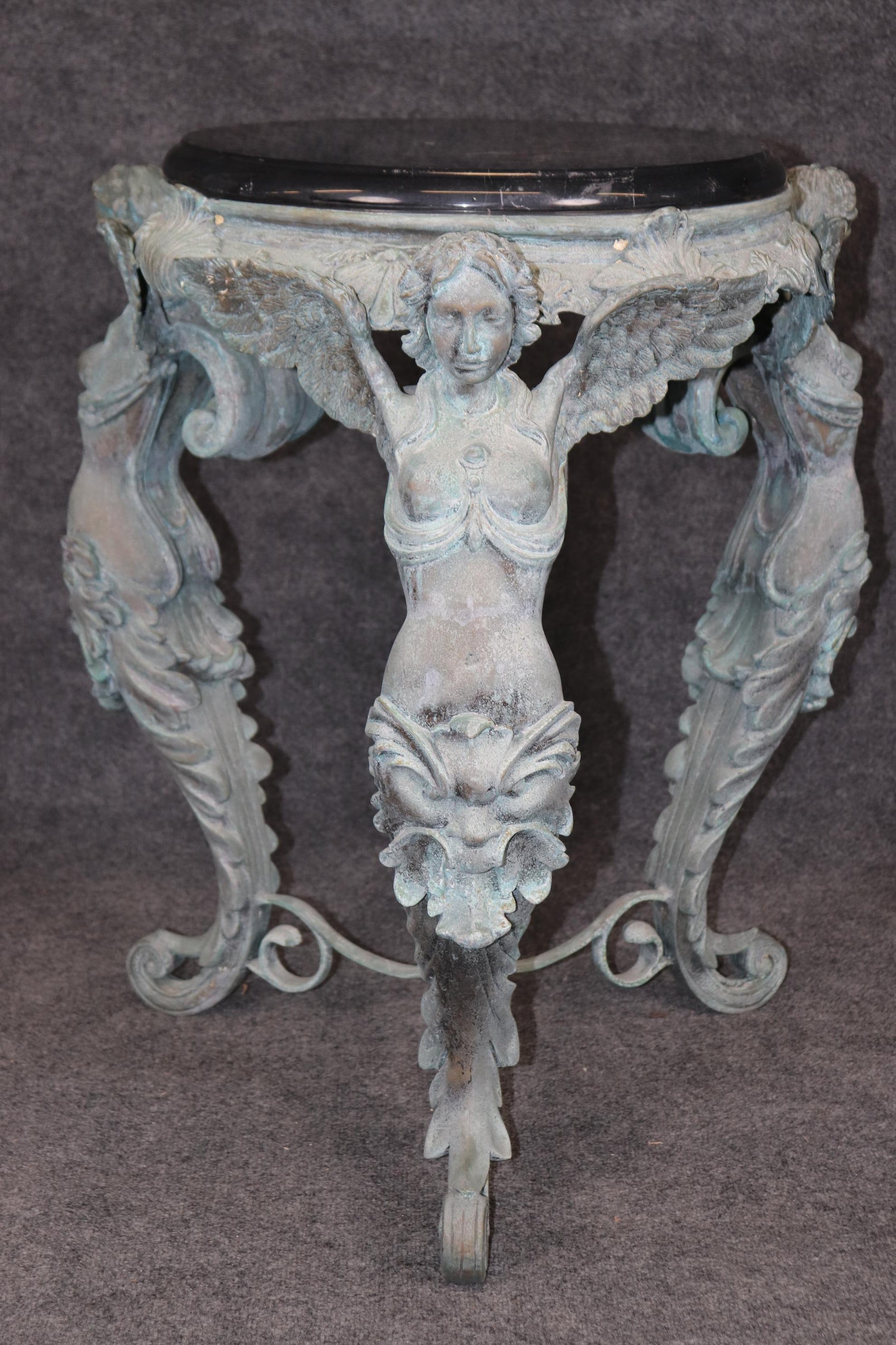 Metal Figural Victorian Style Bronze Finished Metal Marble Top Pedestal Table