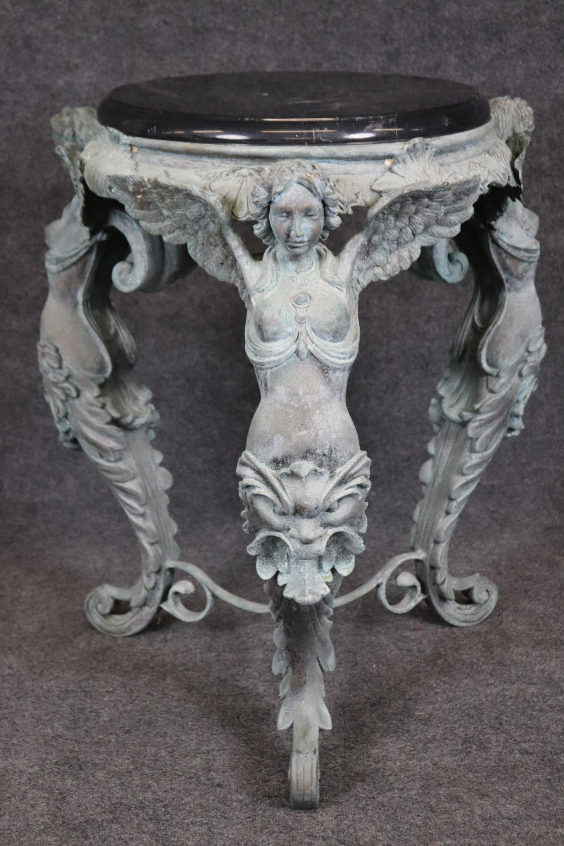 Metal Figural Victorian Style Bronze Finished Metal Marble Top Pedestal Table