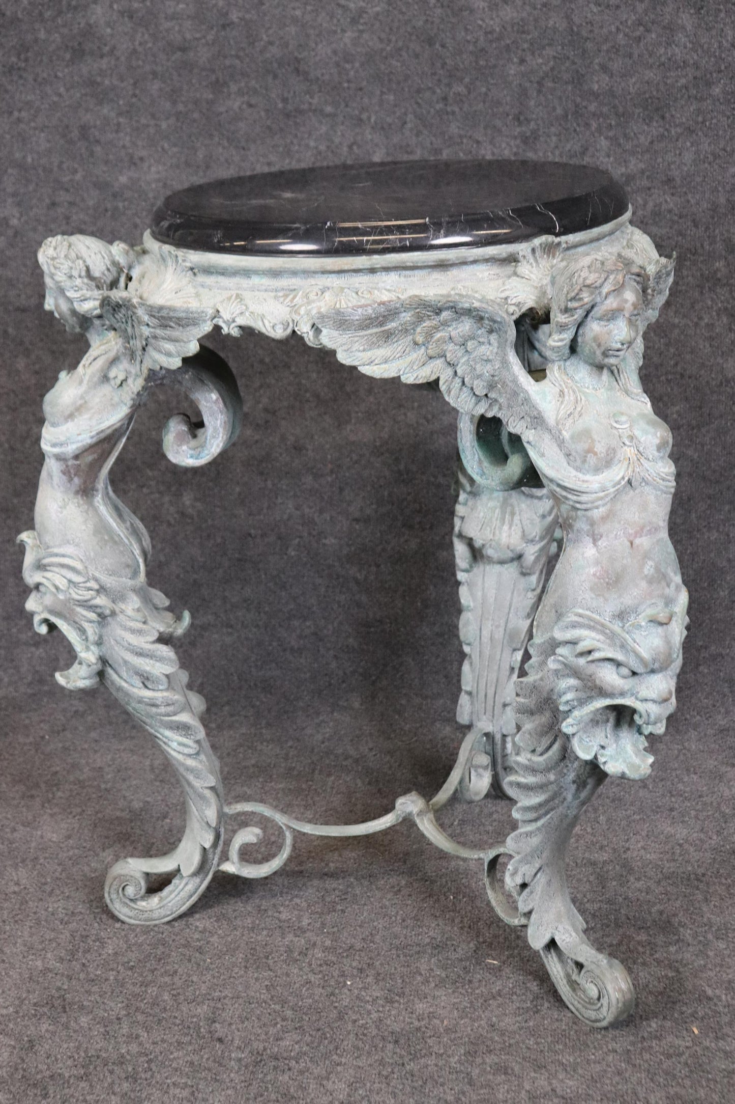 Metal Figural Victorian Style Bronze Finished Metal Marble Top Pedestal Table