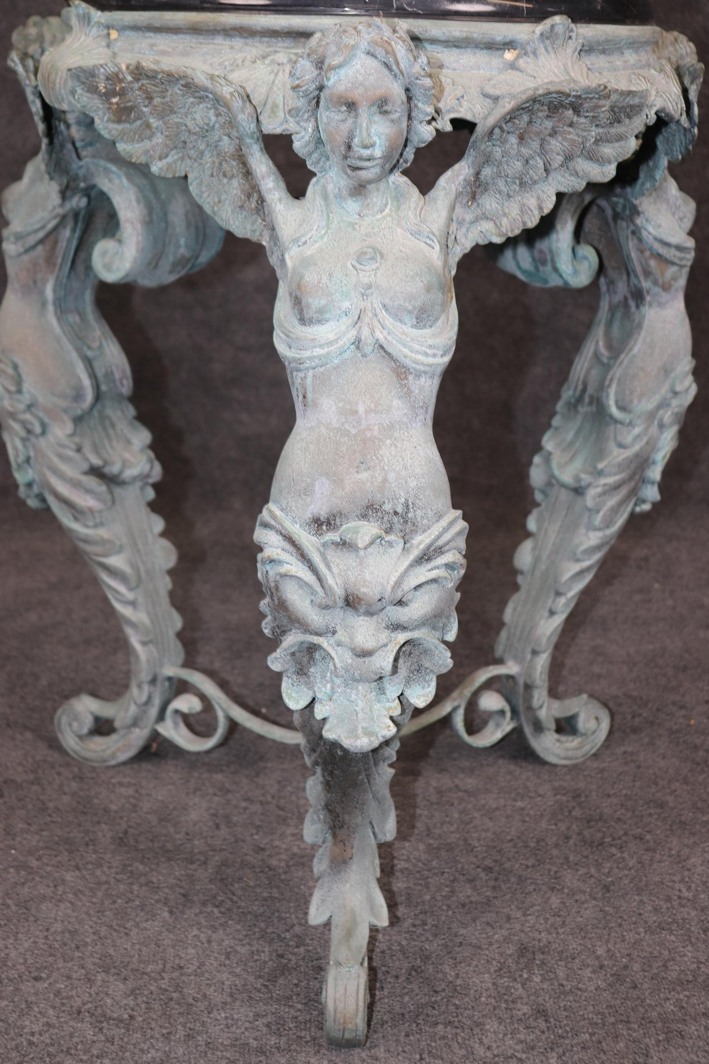 Metal Figural Victorian Style Bronze Finished Metal Marble Top Pedestal Table