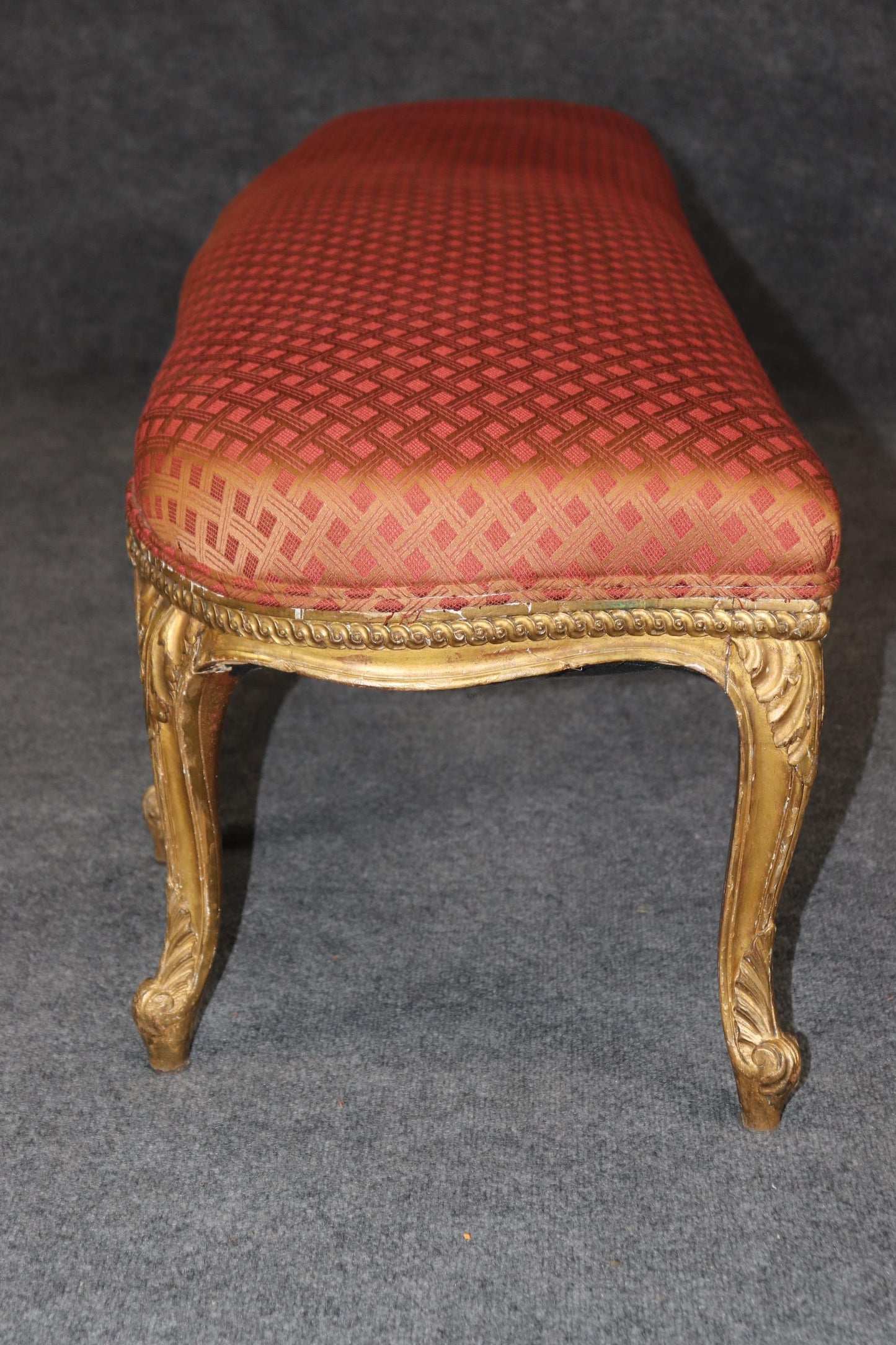 Outstanding French Louis XV Style Gilt Upholstered Bench for Queen or King Bed