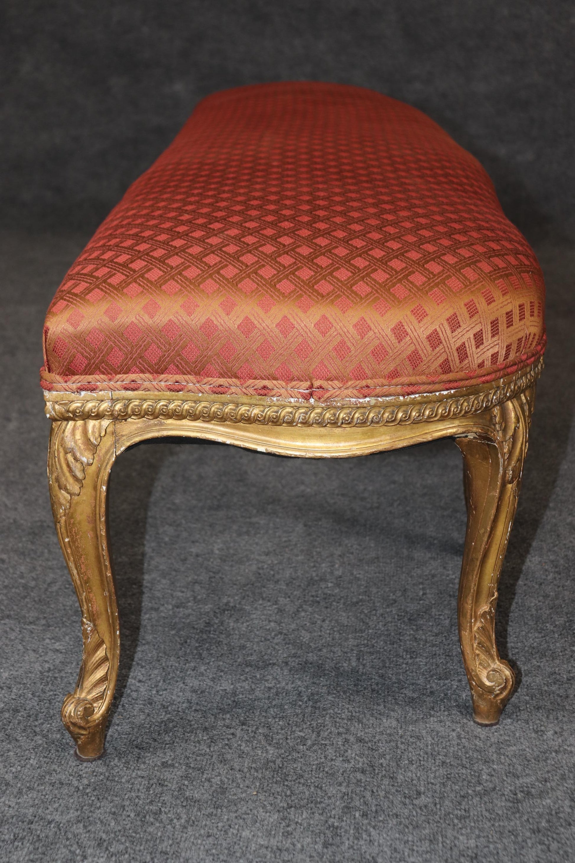 Outstanding French Louis XV Style Gilt Upholstered Bench for Queen or King Bed