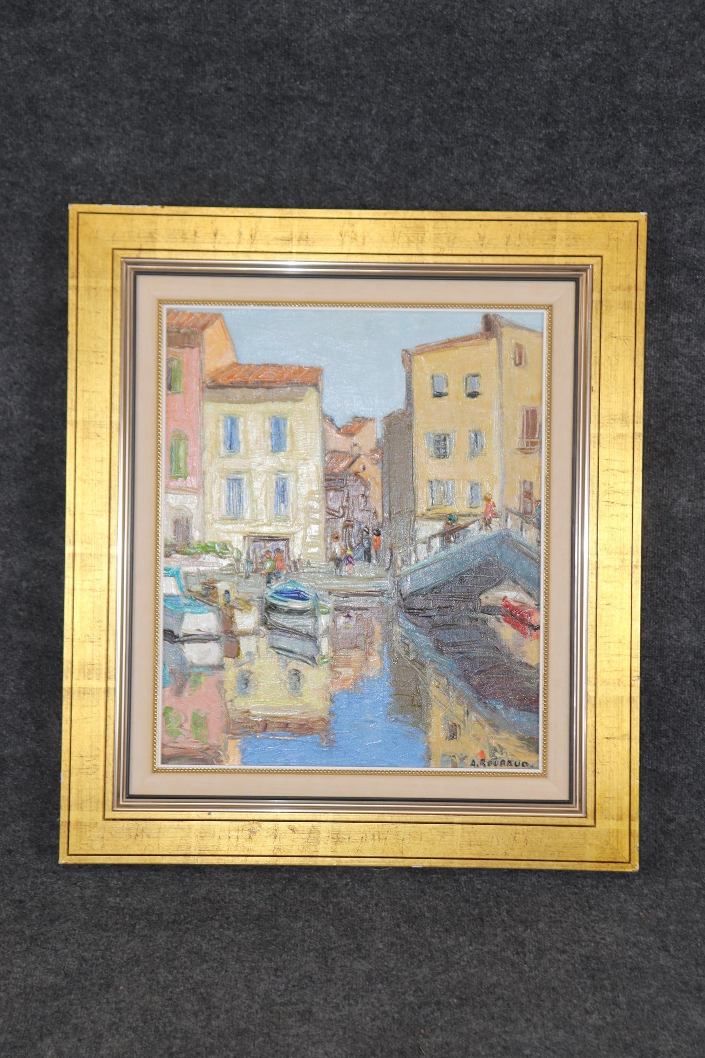 Bright Impressionist Oil painting of French Town Signed A. Roubaud Gilded Frame