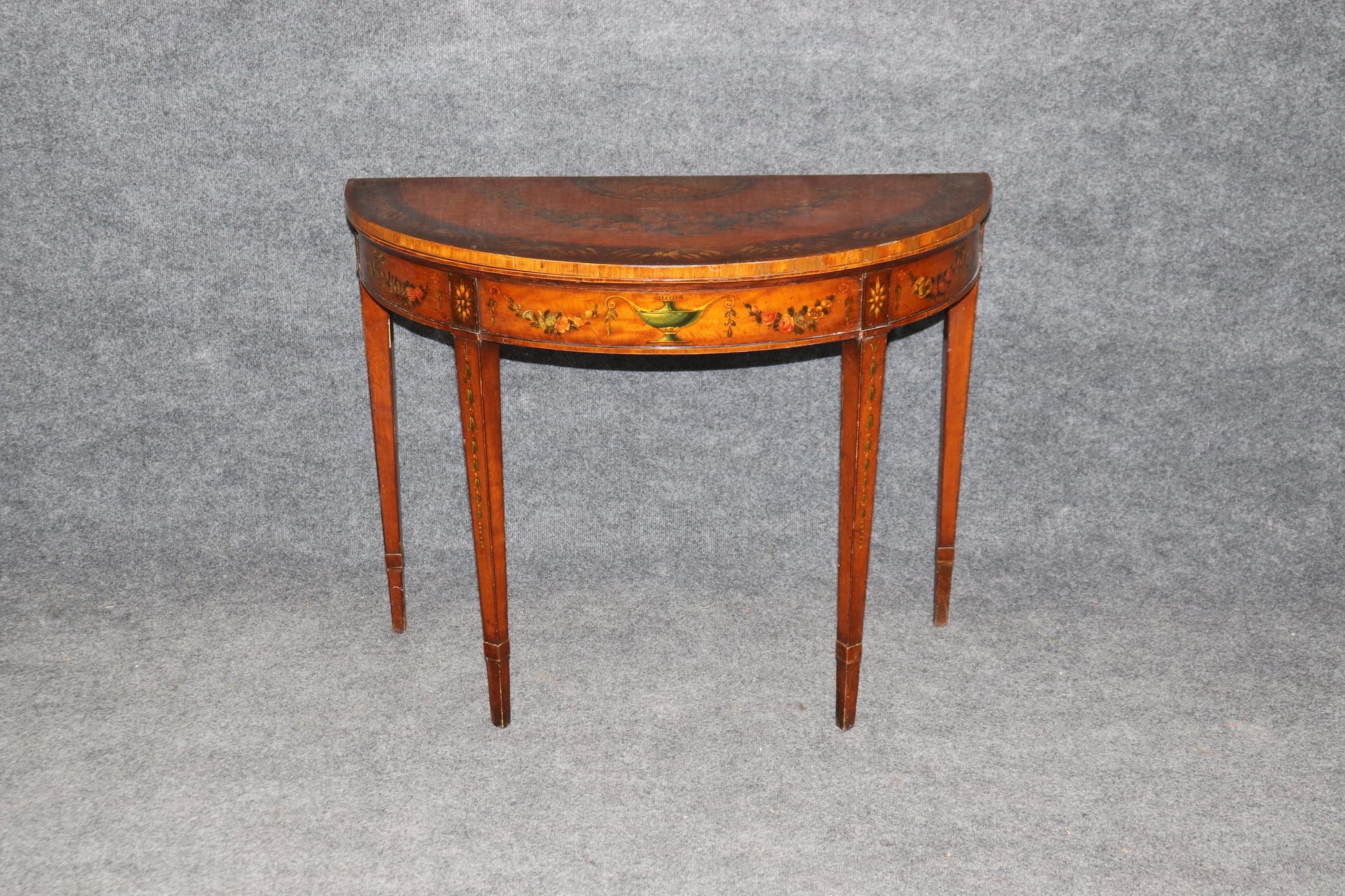 19th century English Adams Style Paint Decorated Leather Top Demilune Table