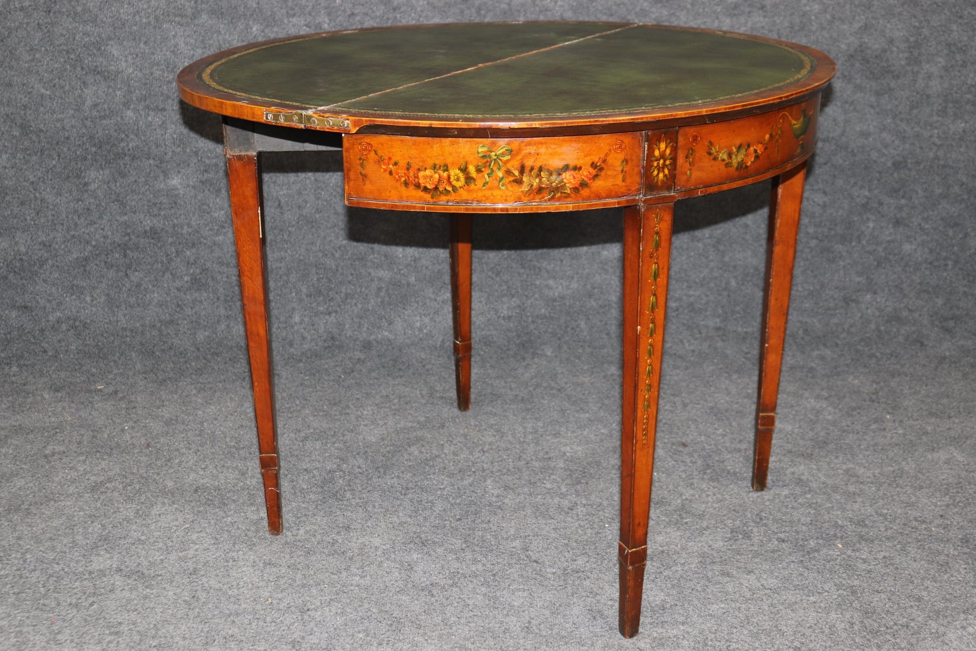 19th century English Adams Style Paint Decorated Leather Top Demilune Table