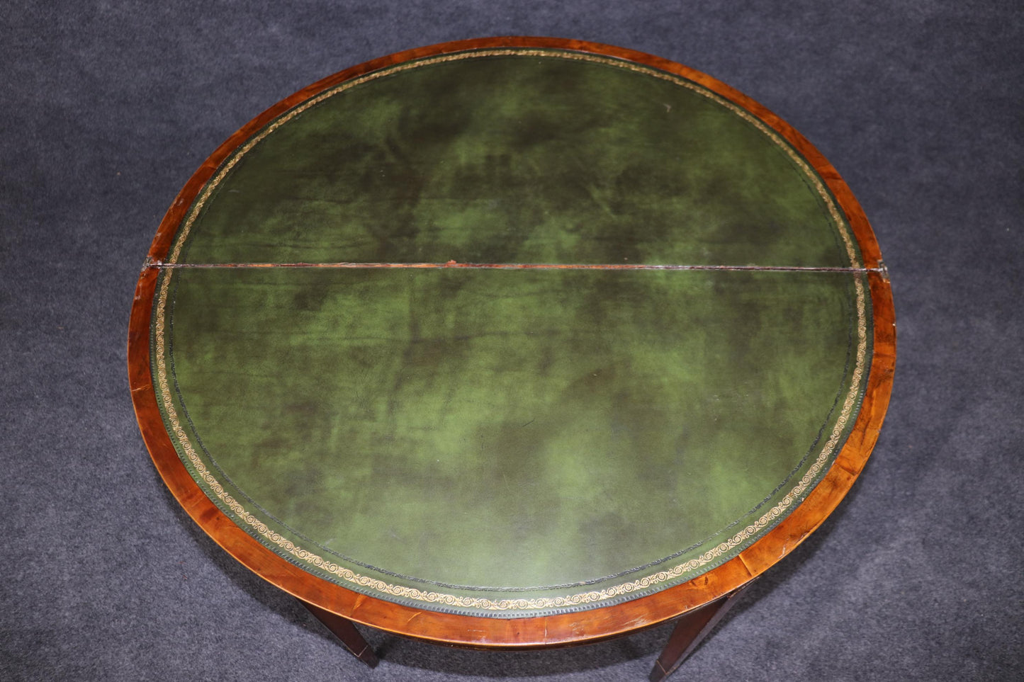 19th century English Adams Style Paint Decorated Leather Top Demilune Table