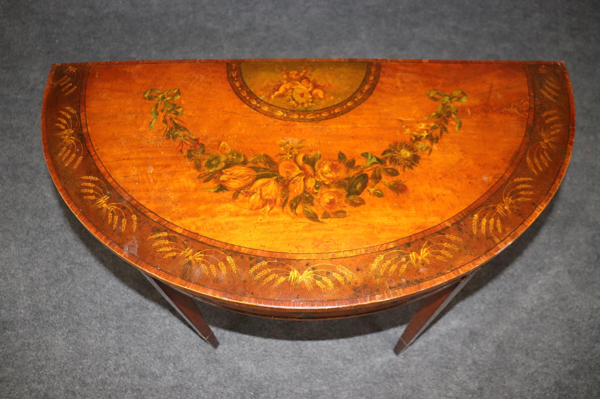 19th century English Adams Style Paint Decorated Leather Top Demilune Table