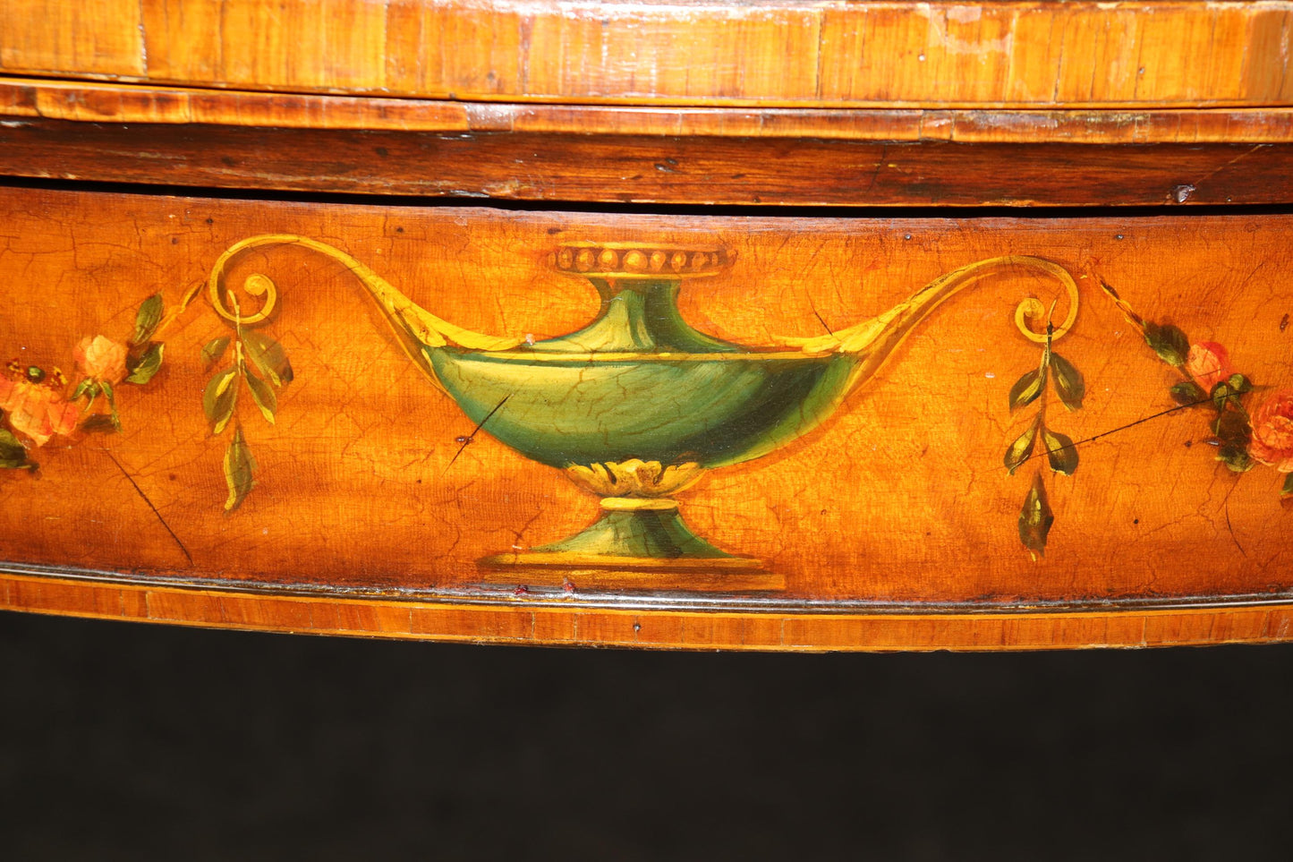 19th century English Adams Style Paint Decorated Leather Top Demilune Table