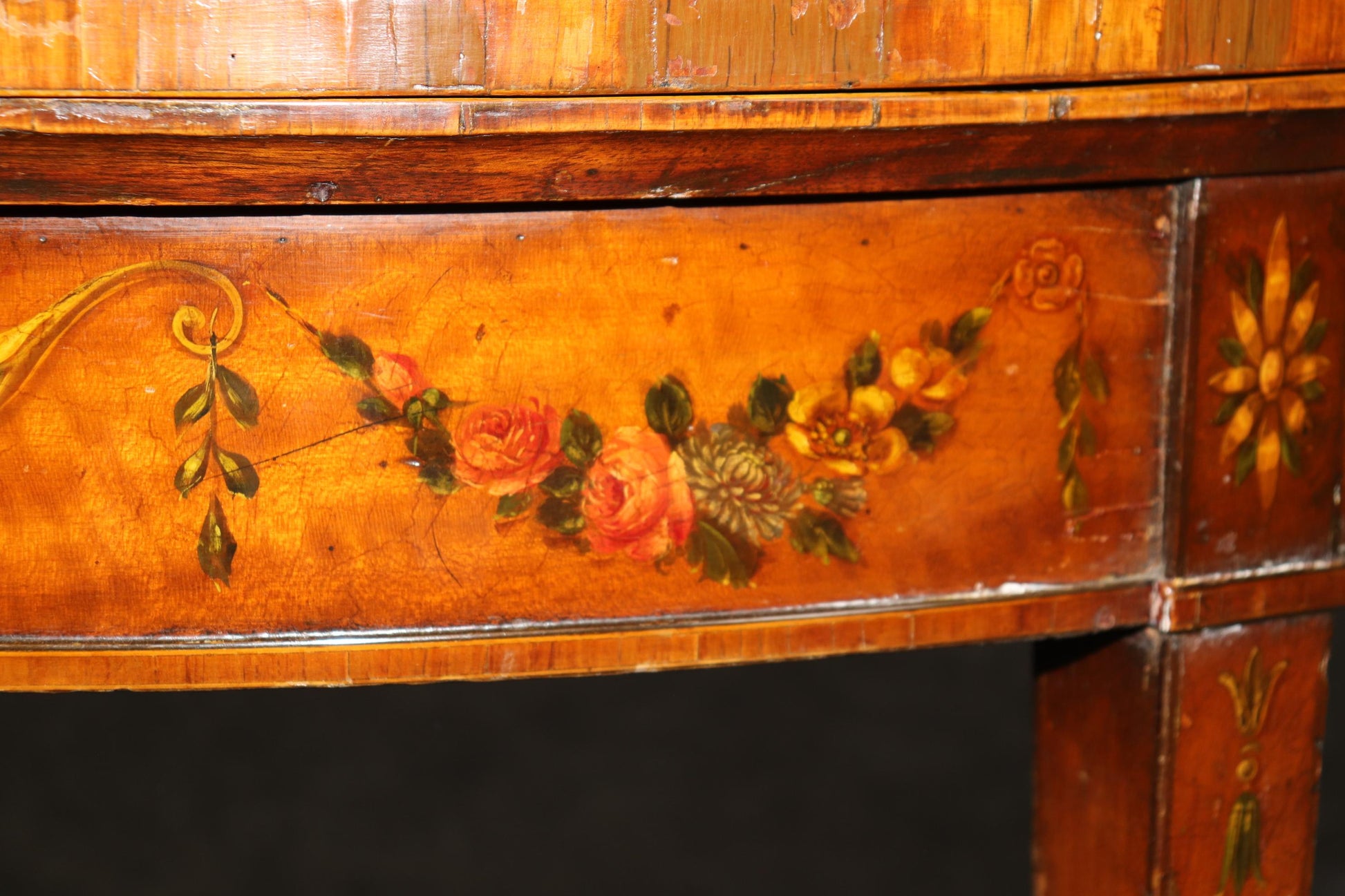 19th century English Adams Style Paint Decorated Leather Top Demilune Table