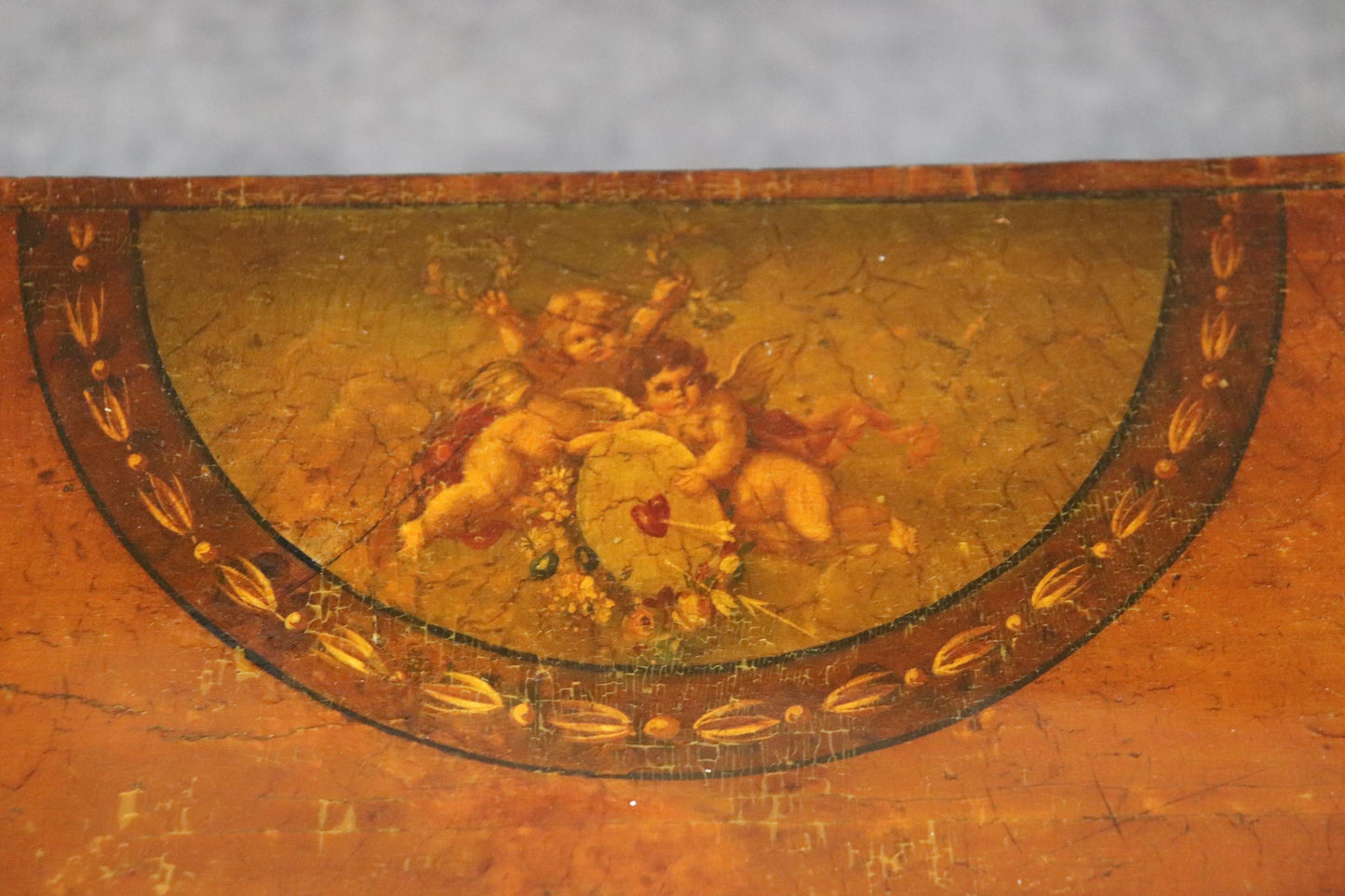 19th century English Adams Style Paint Decorated Leather Top Demilune Table