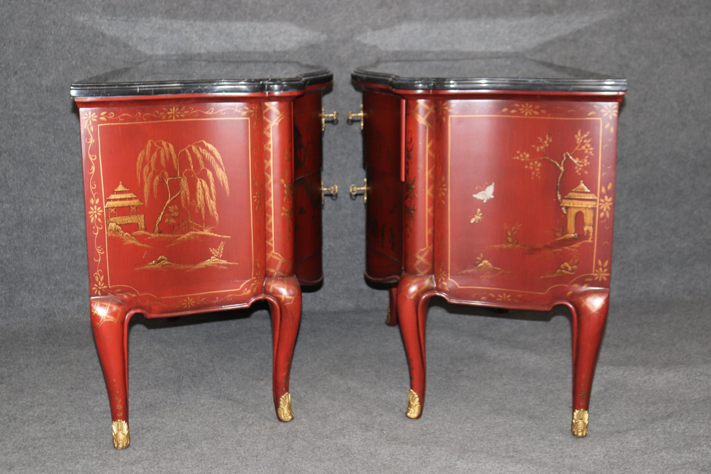 Pair of Marble Top Red Chinoiserie E.J. Victor French Louis XV Commodes