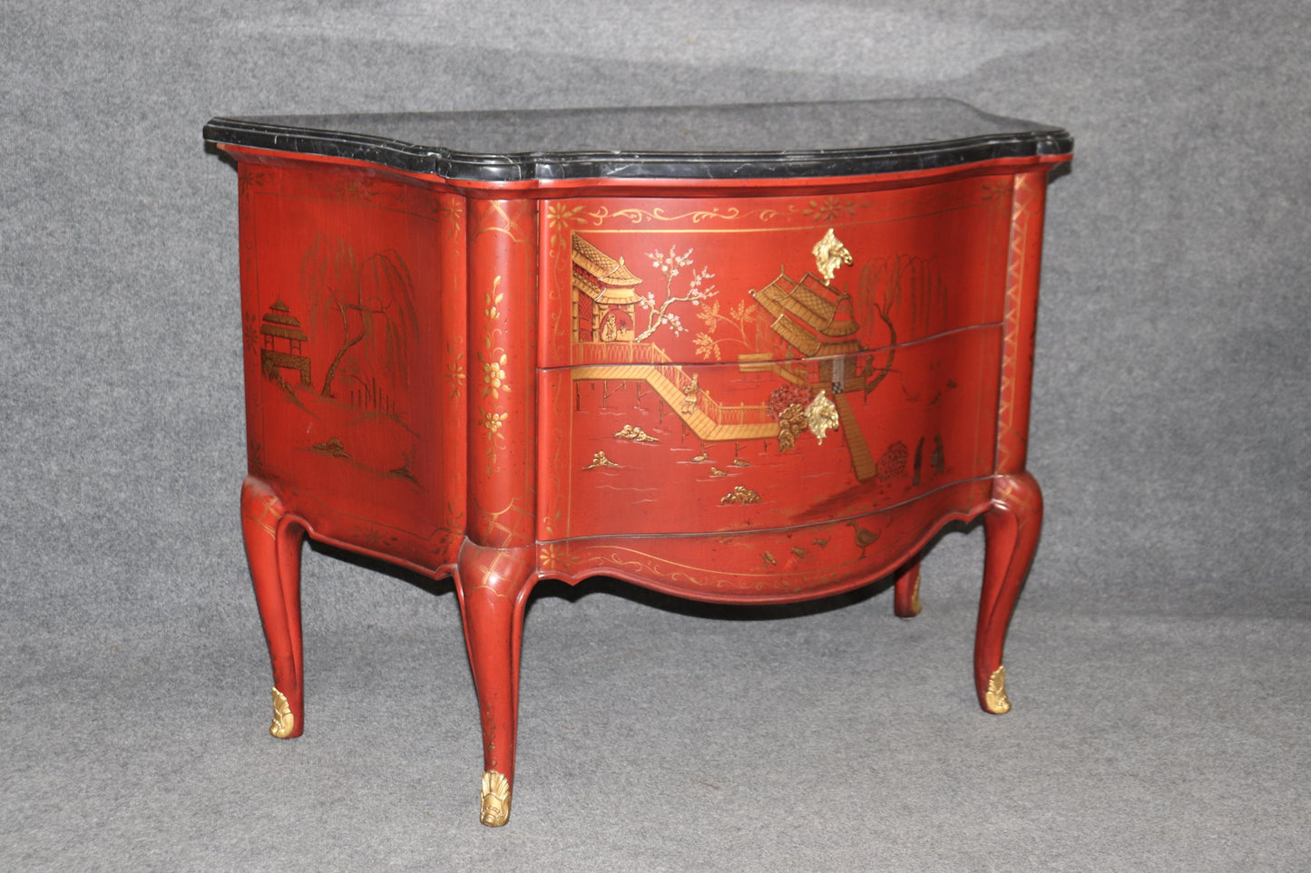 Pair of Marble Top Red Chinoiserie E.J. Victor French Louis XV Commodes