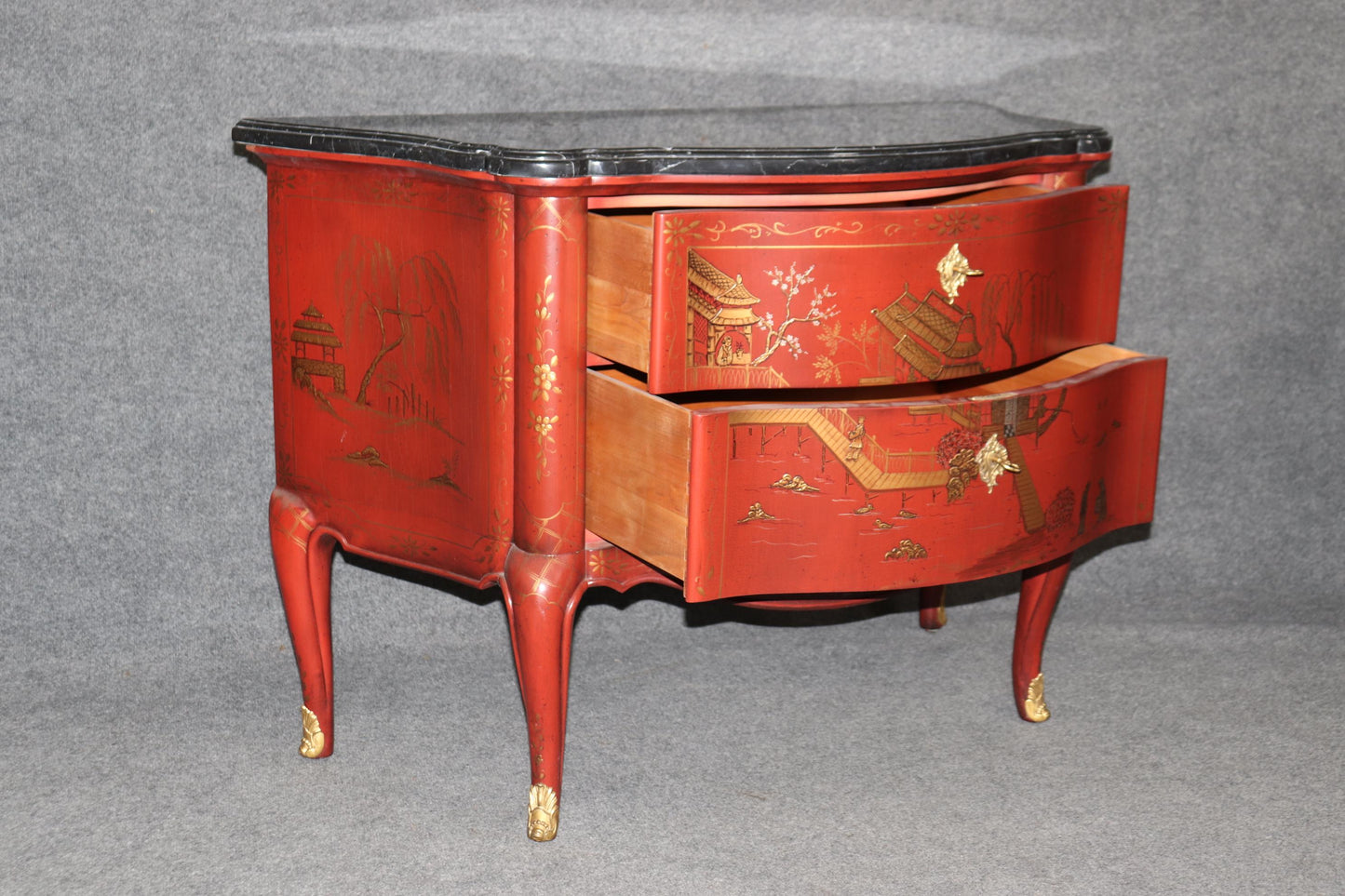 Pair of Marble Top Red Chinoiserie E.J. Victor French Louis XV Commodes