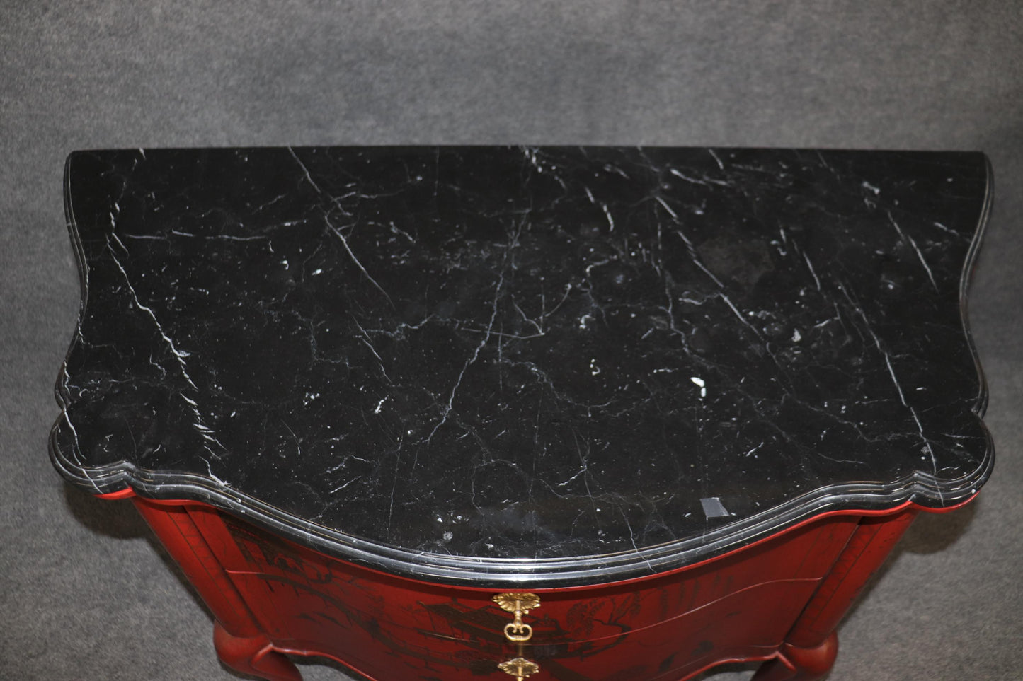 Pair of Marble Top Red Chinoiserie E.J. Victor French Louis XV Commodes