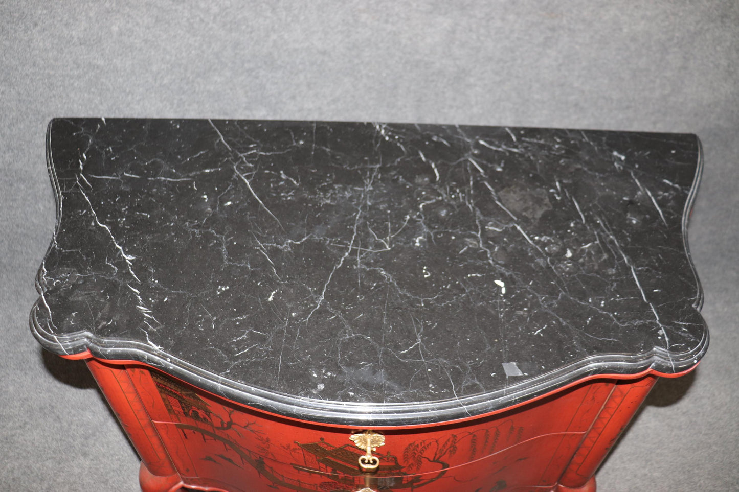 Pair of Marble Top Red Chinoiserie E.J. Victor French Louis XV Commodes