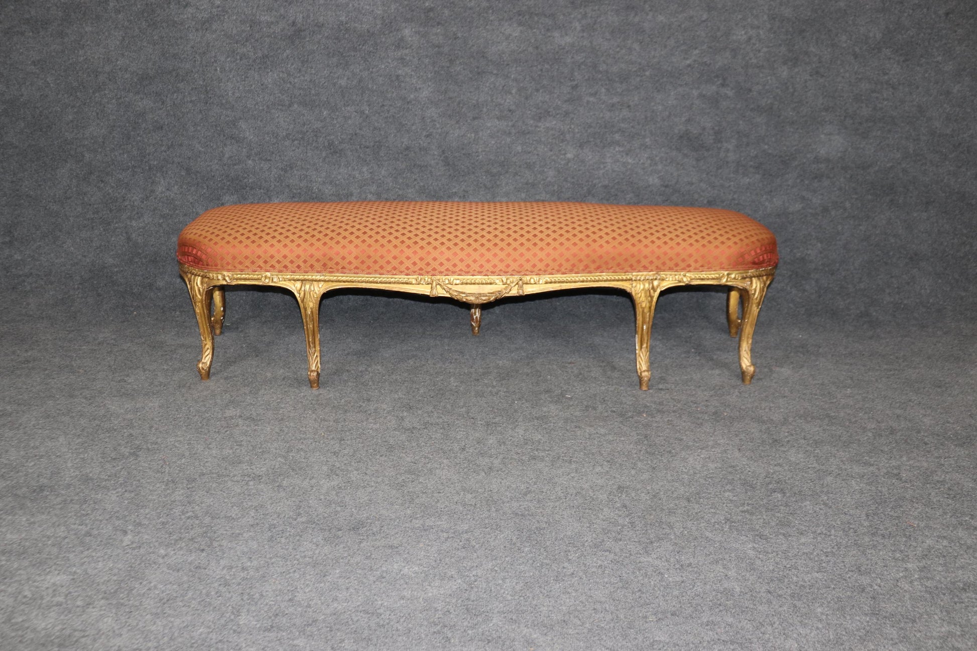 Outstanding French Louis XV Style Gilt Upholstered Bench for Queen or King Bed