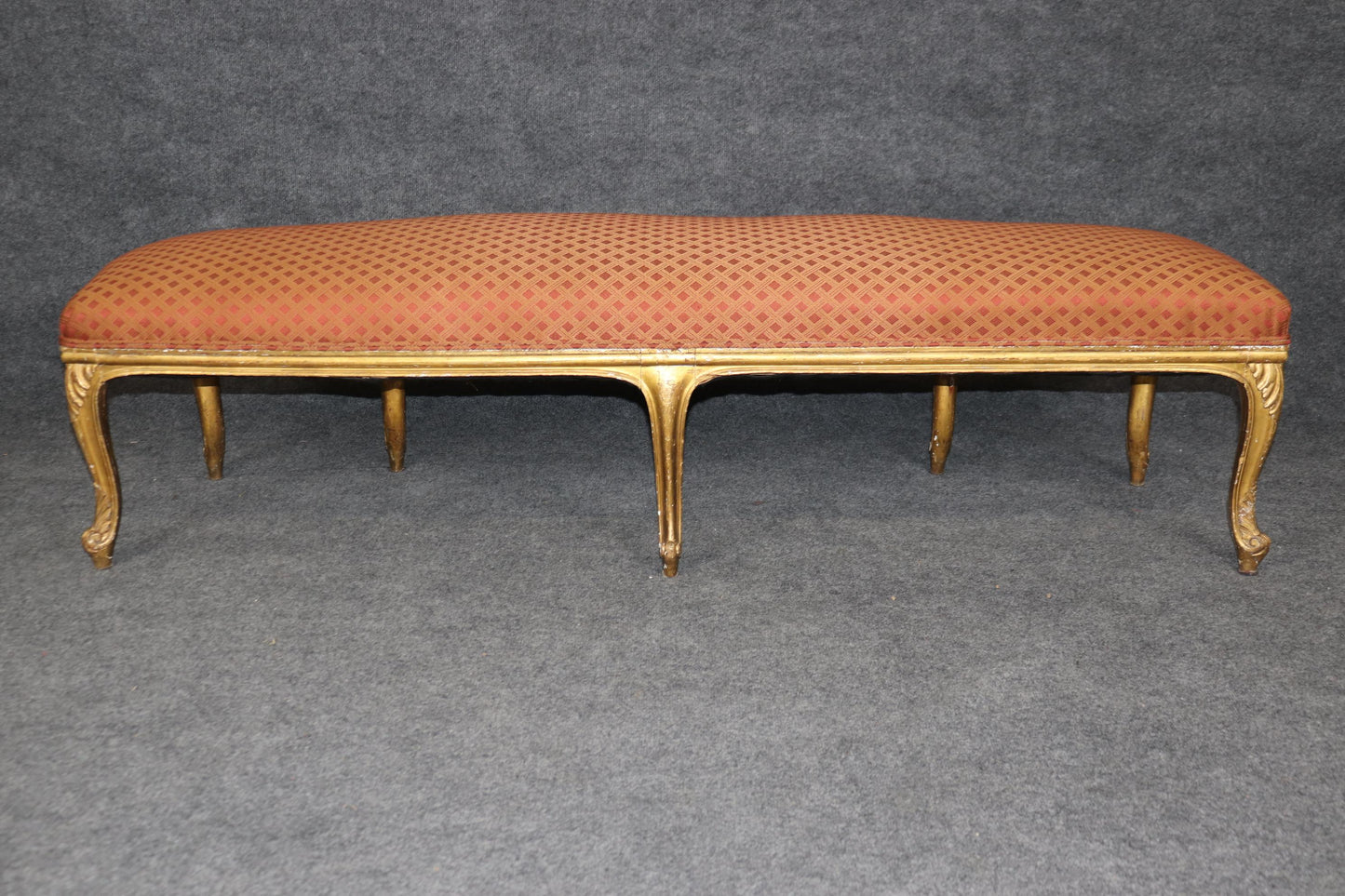 Outstanding French Louis XV Style Gilt Upholstered Bench for Queen or King Bed