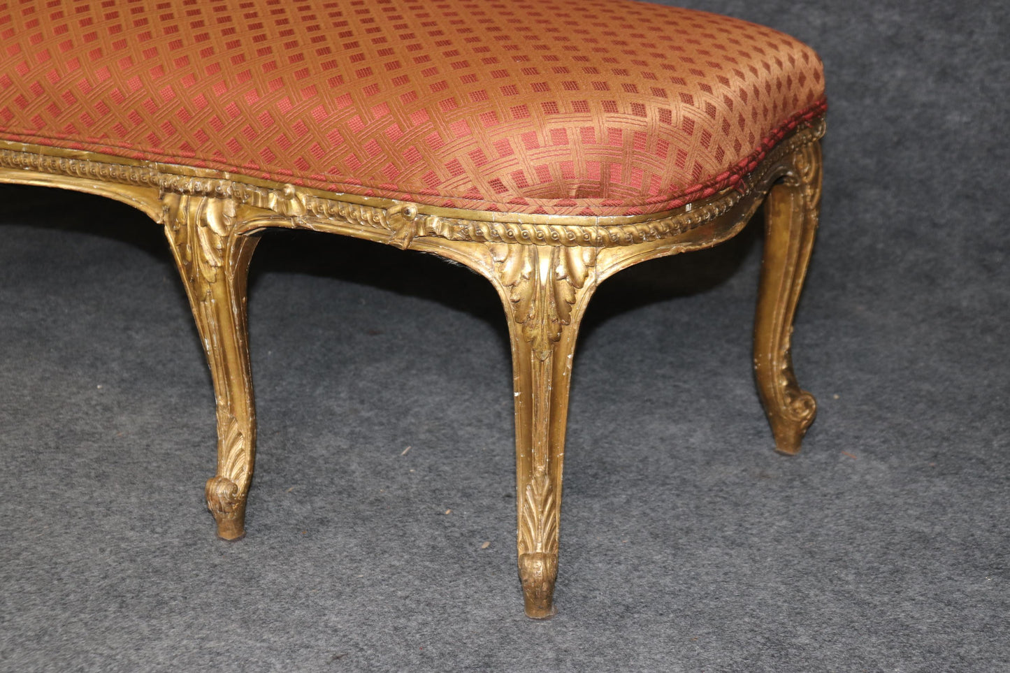 Outstanding French Louis XV Style Gilt Upholstered Bench for Queen or King Bed