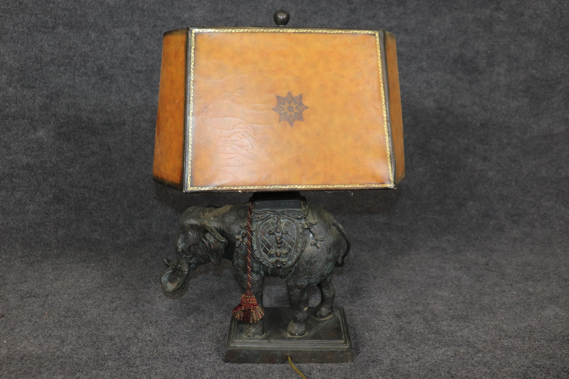 Maitland Smith Cast Bronze Elephant Lamp with Leather Shade